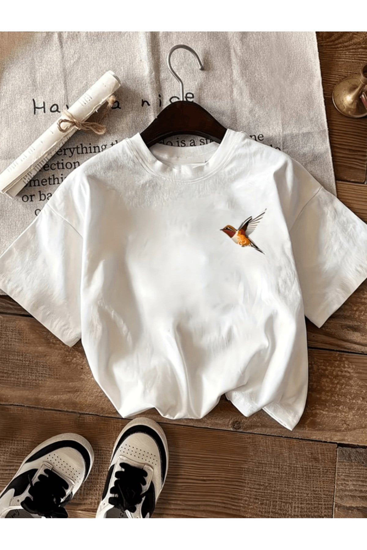 Mini Kuş Baskılı Premium Oversize T-shirt