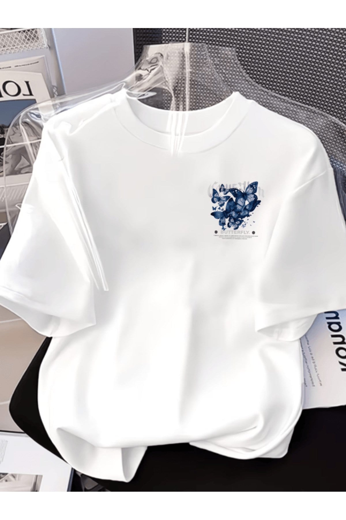 Mini Mavi Kelebek Baskılı Premium Oversize T-shirt