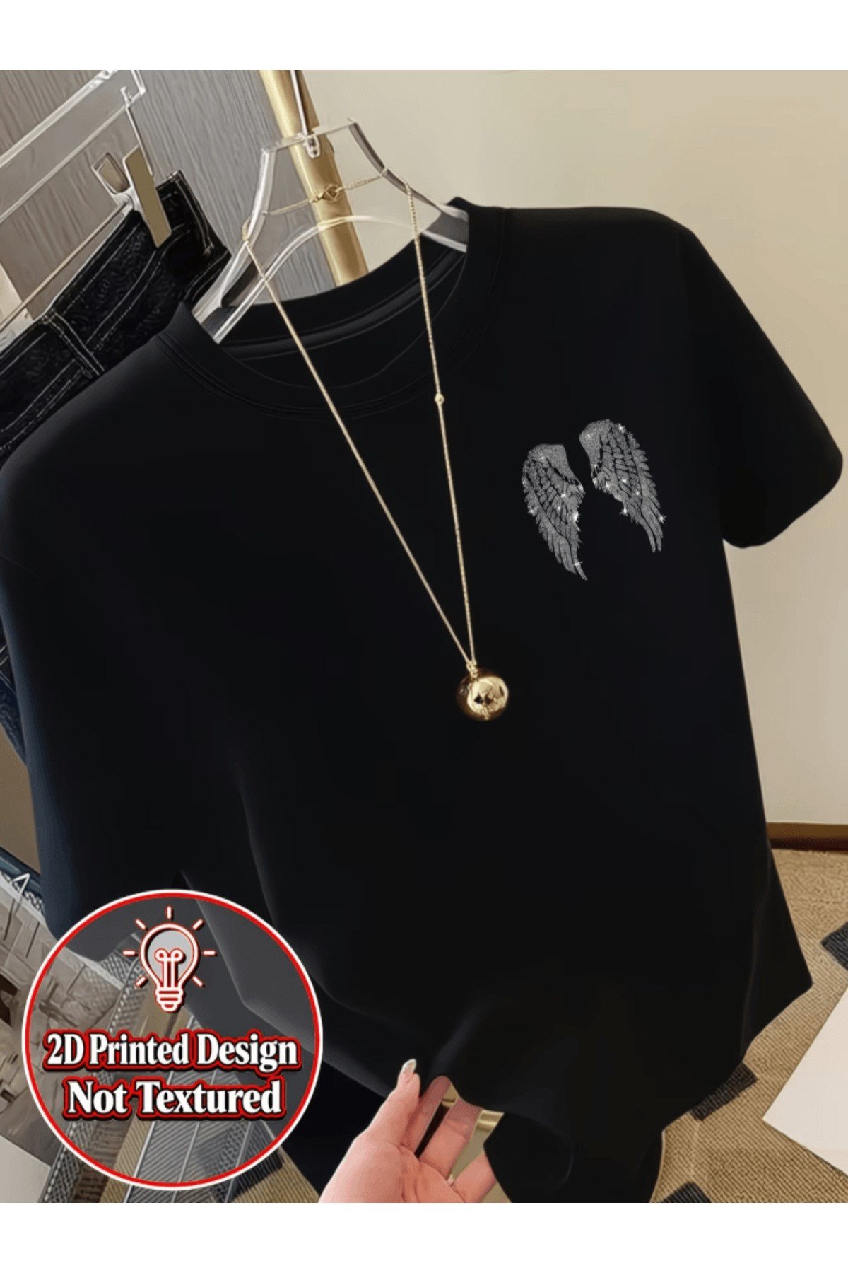 Mini Parlak Melek Kanat Baskılı Premium Oversize T-shirt