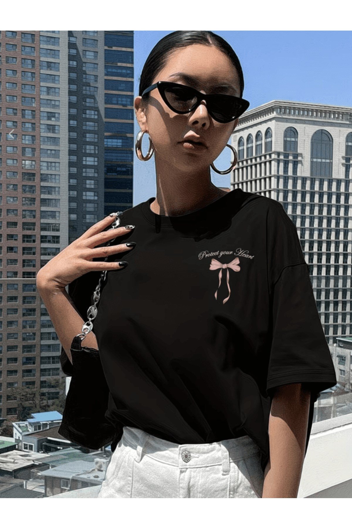 Mini Pembe Kurdele Baskılı Premium Oversize T-shirt