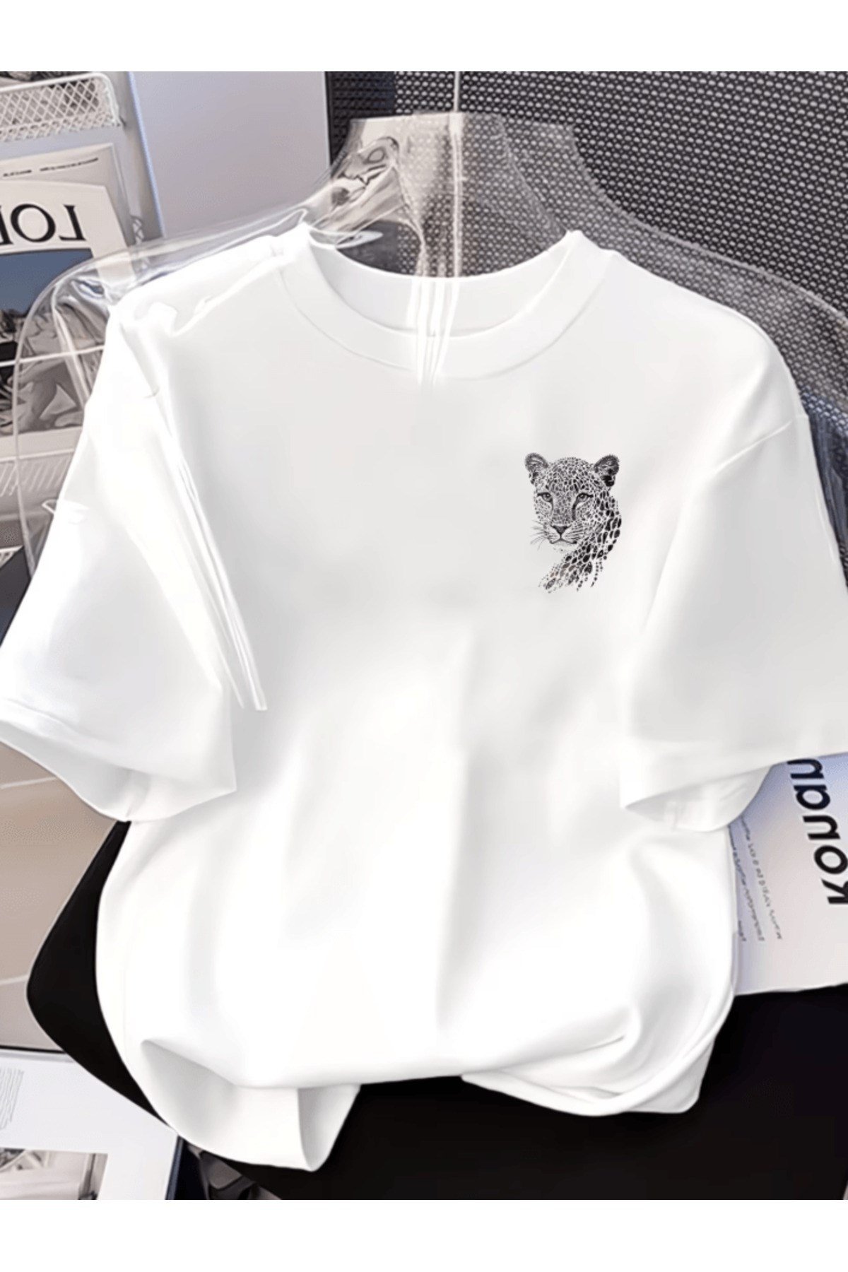 Mini Siyah Desen Kaplan Baskılı Premium Oversize T-shirt