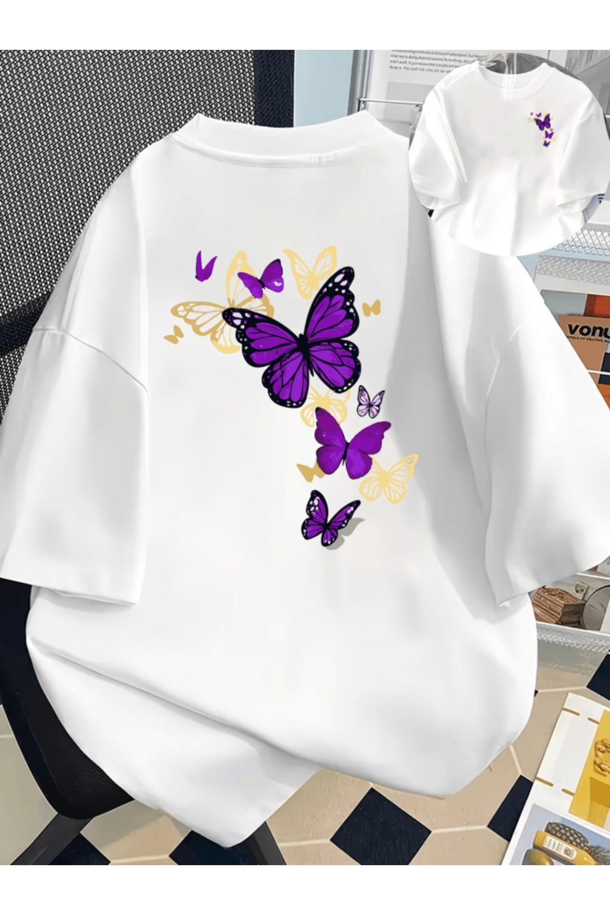 Mor Ve Sarı Renk Kelebek Çift Taraf Baskılı Premium Oversize T-shirt