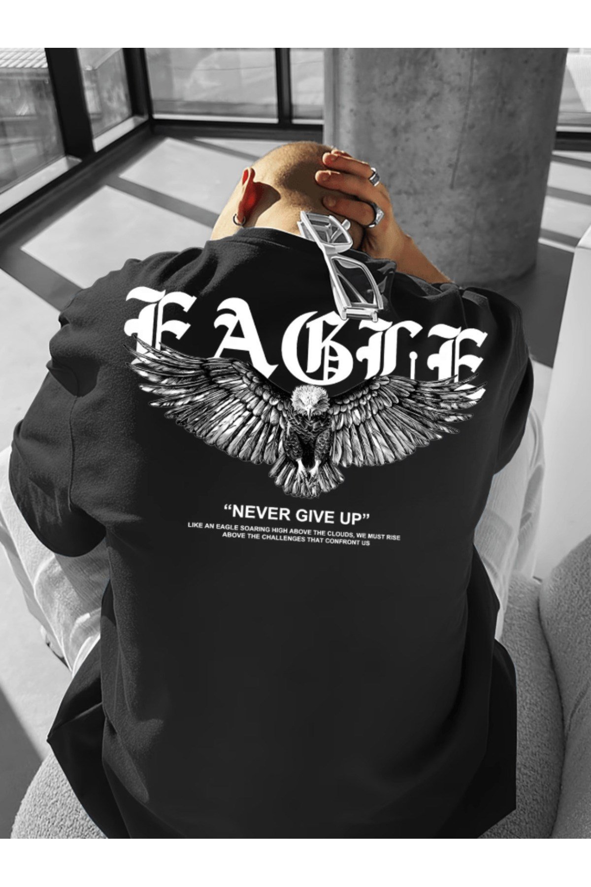 Never Give Up Baskılı Eagle Detaylı Premium Oversize T-shirt