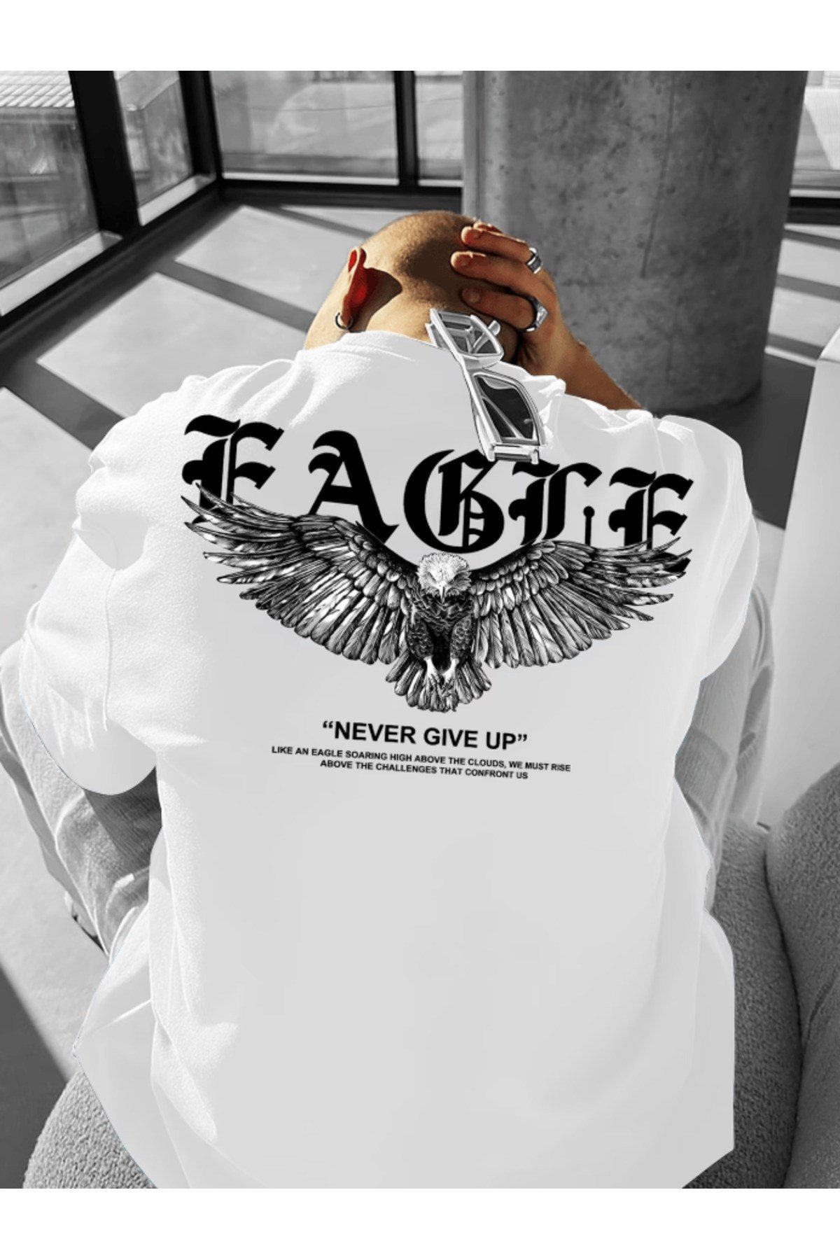 Never Give Up Baskılı Eagle Detaylı Premium Oversize T-shirt