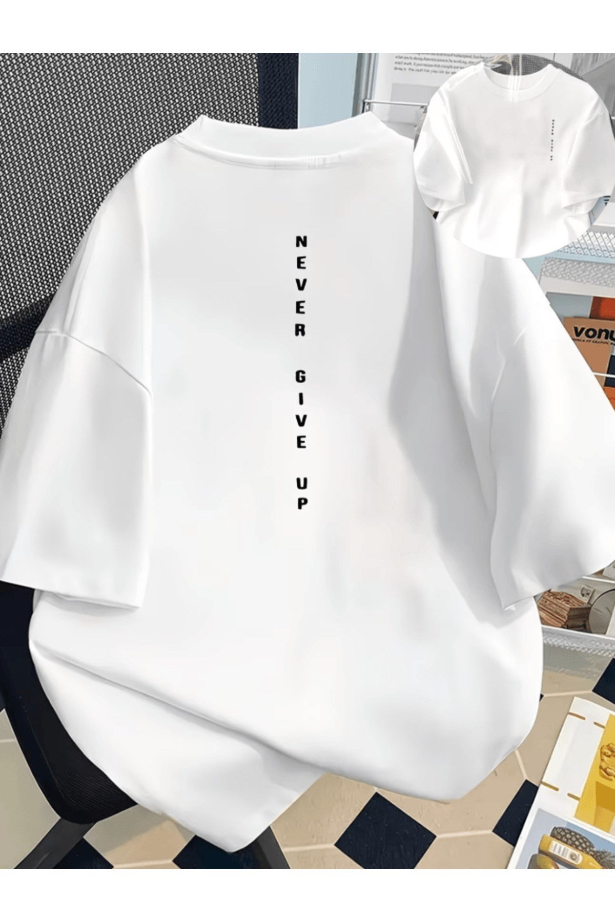 Never Gıve Up Çift Taraf Baskılı Premium Oversize T-shirt