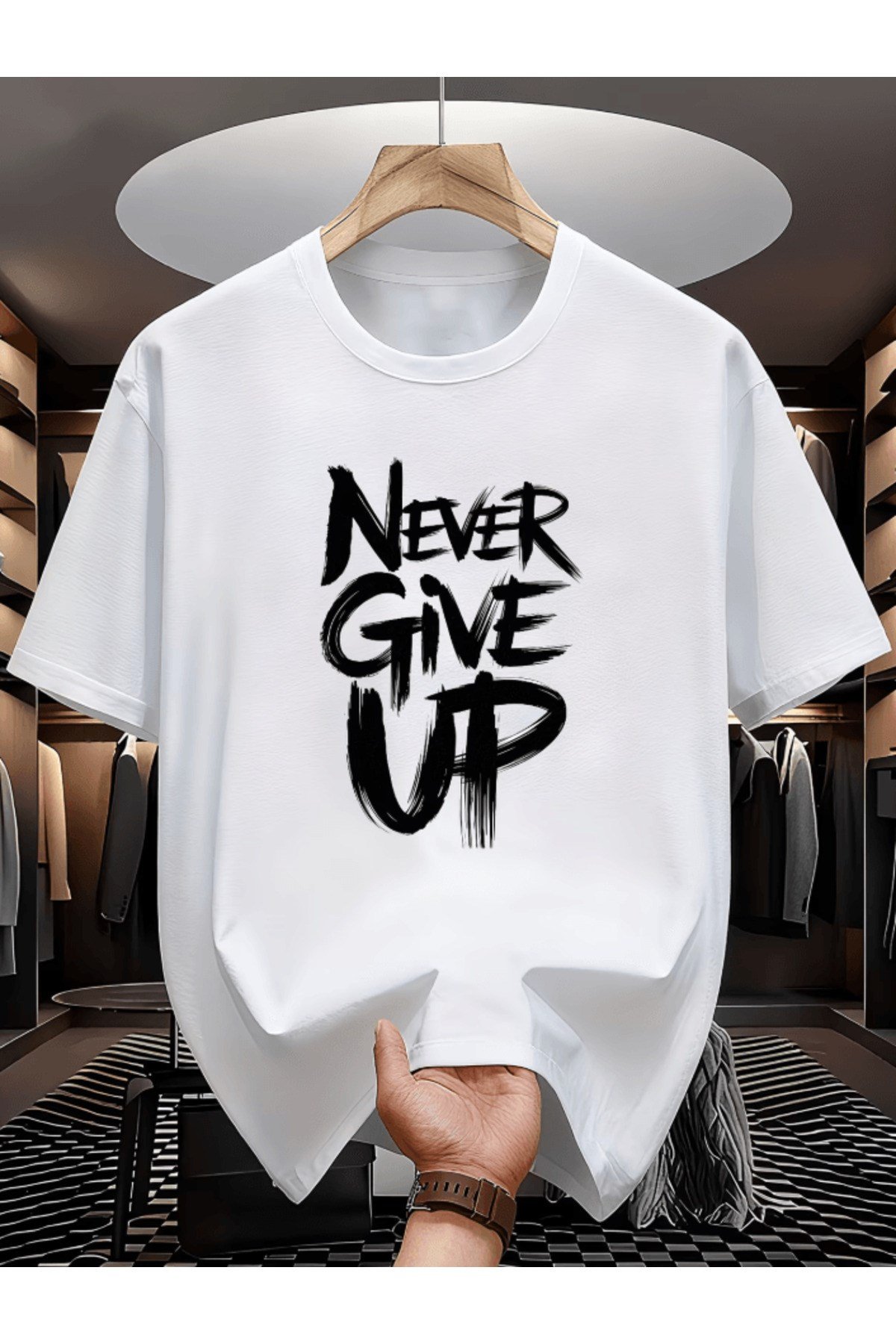 Never Give Up Detaylı Dikey Baskılı Premium Oversize T-shirt