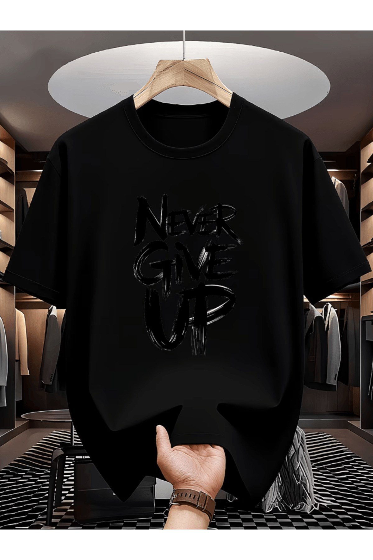 Never Give Up Detaylı Dikey Baskılı Premium Oversize T-shirt
