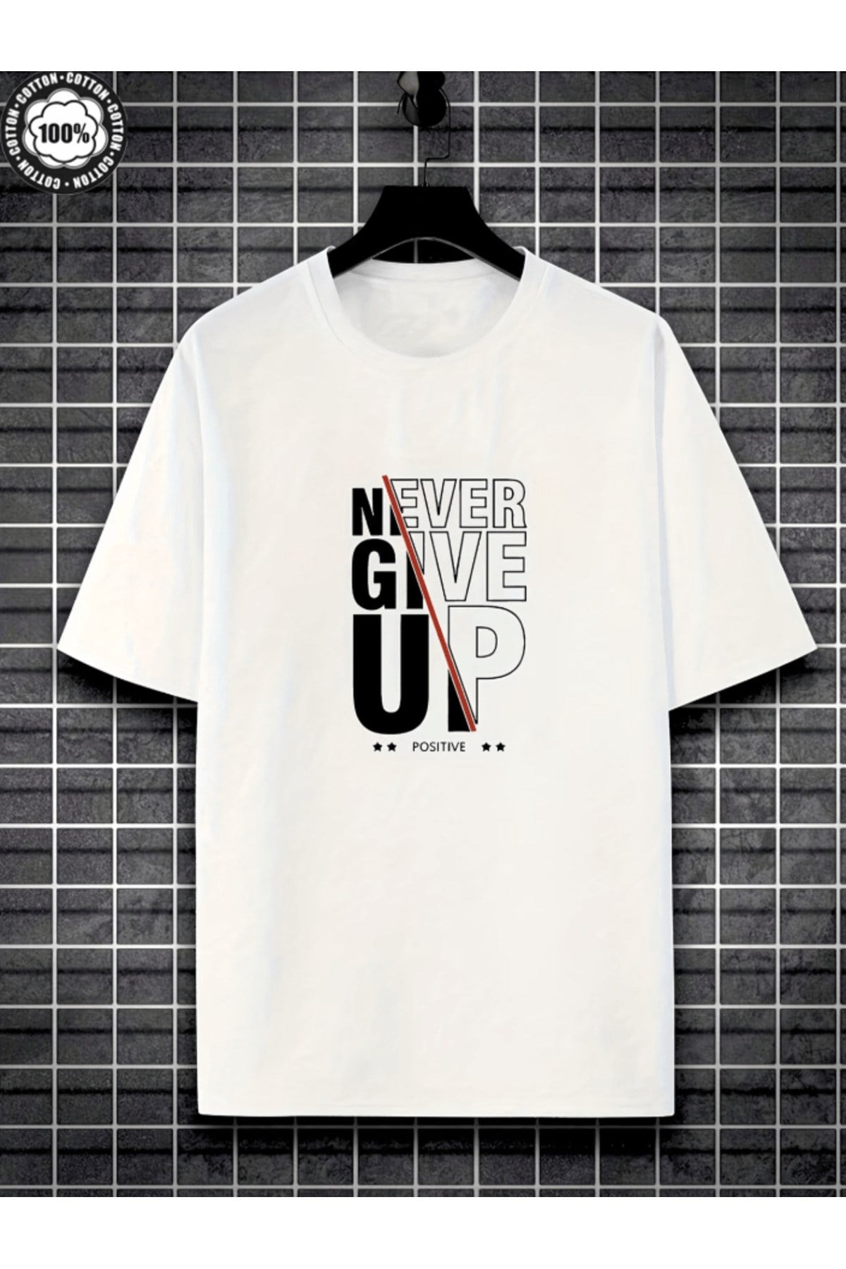Never Give Up Dikey Baskılı Premium Oversize T-shirt