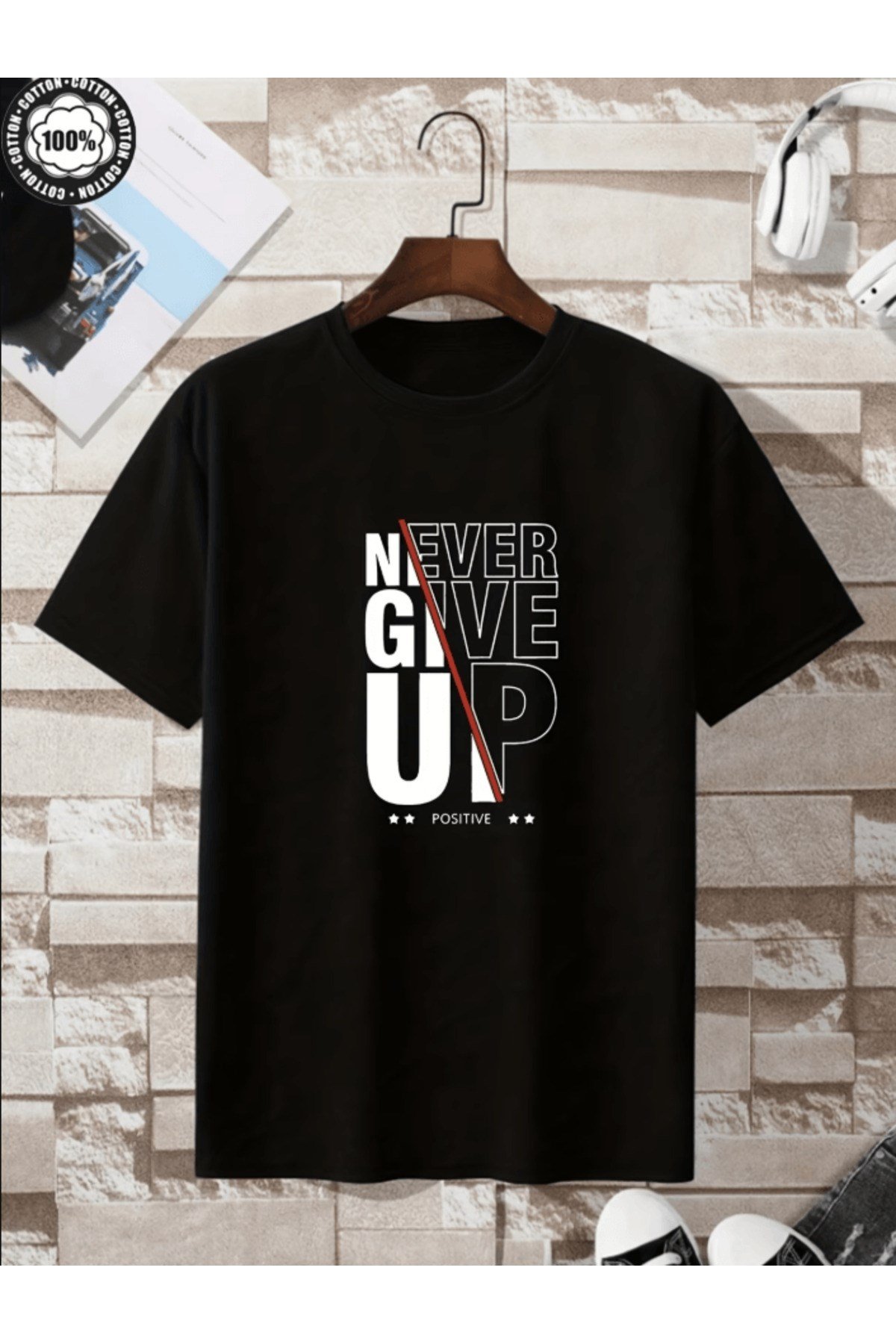 Never Give Up Dikey Baskılı Premium Oversize T-shirt