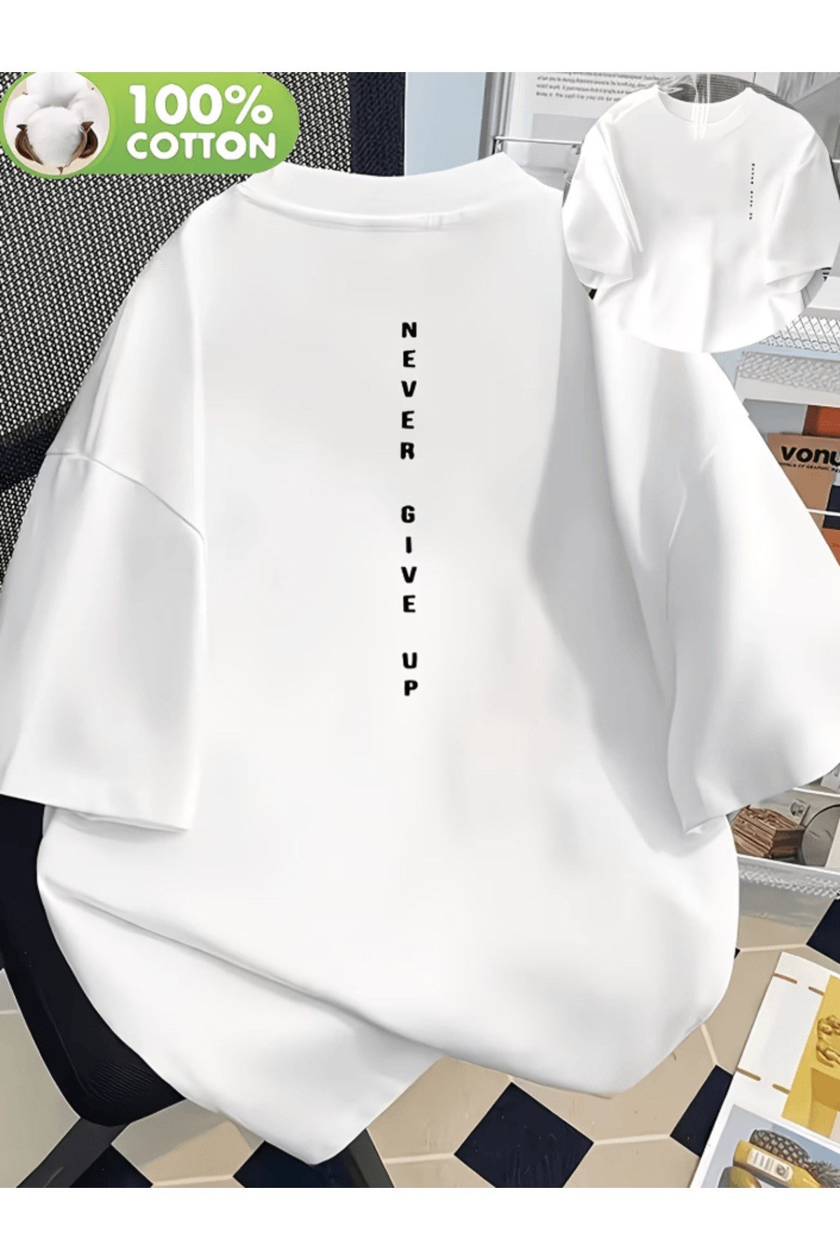 Never Give Up Hece Çift Taraf Baskılı Premium Oversize T-shirt