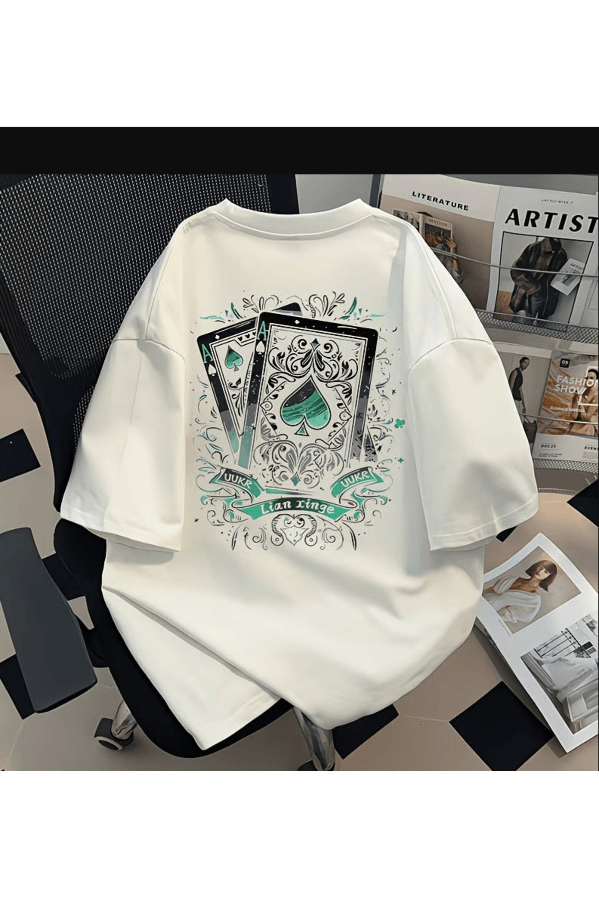 Özel Kart Tasarım Yeşil Renk Baskılı Premium Oversize T-shirt