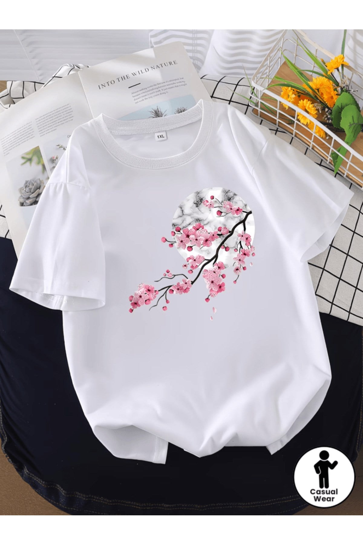 Pembe Ağaç Tasarım Baskılı Premium Oversize T-shirt