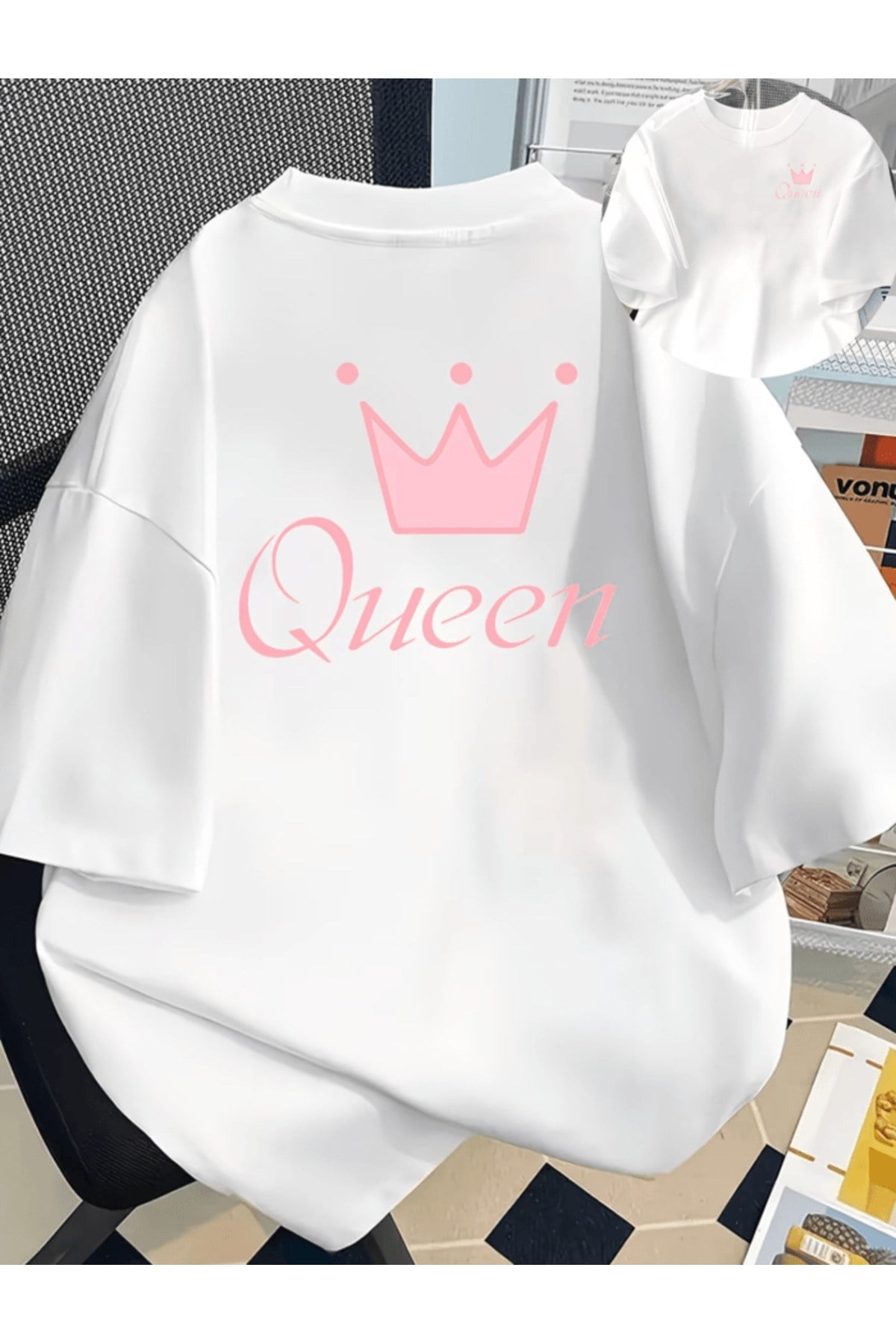 Pembe Queen Çift Taraf Baskılı Premium Oversize T-shirt
