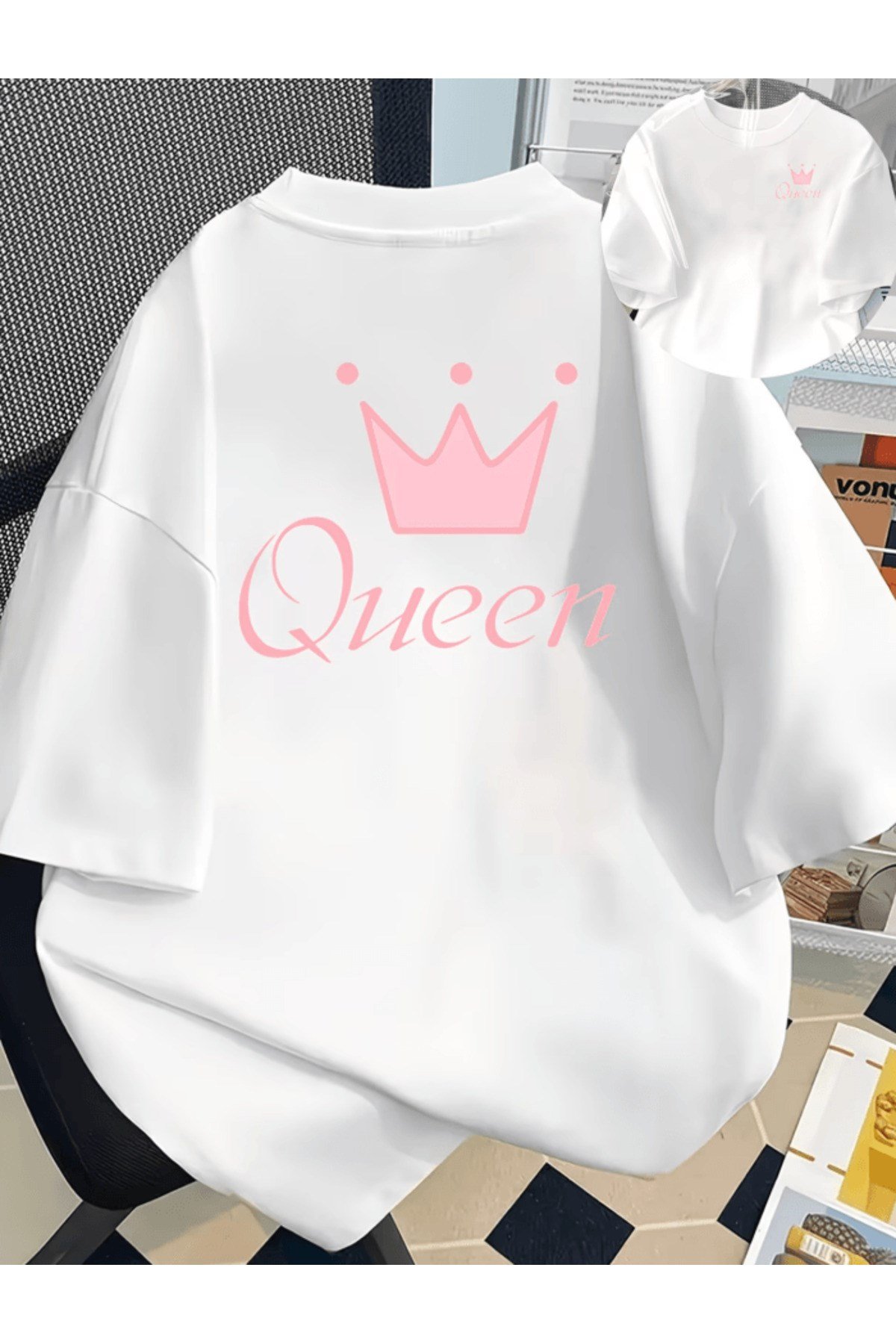 Pembe Queen Çift Taraf Baskılı Premium Oversize T-shirt