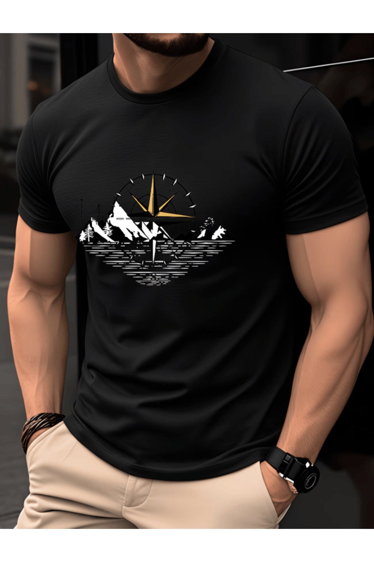Pusula Ve Kar Dağı Tasarım Baskılı Premium Oversize T-shirt