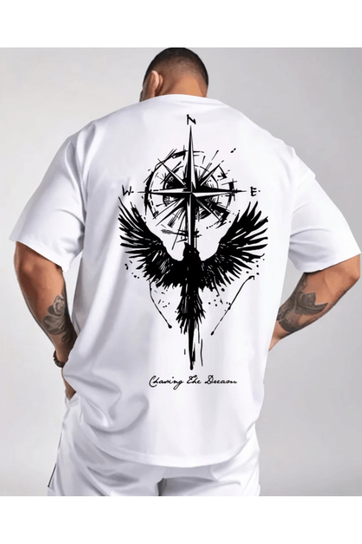 Pusula Ve Kuş Baskılı Premium Oversize T-shirt