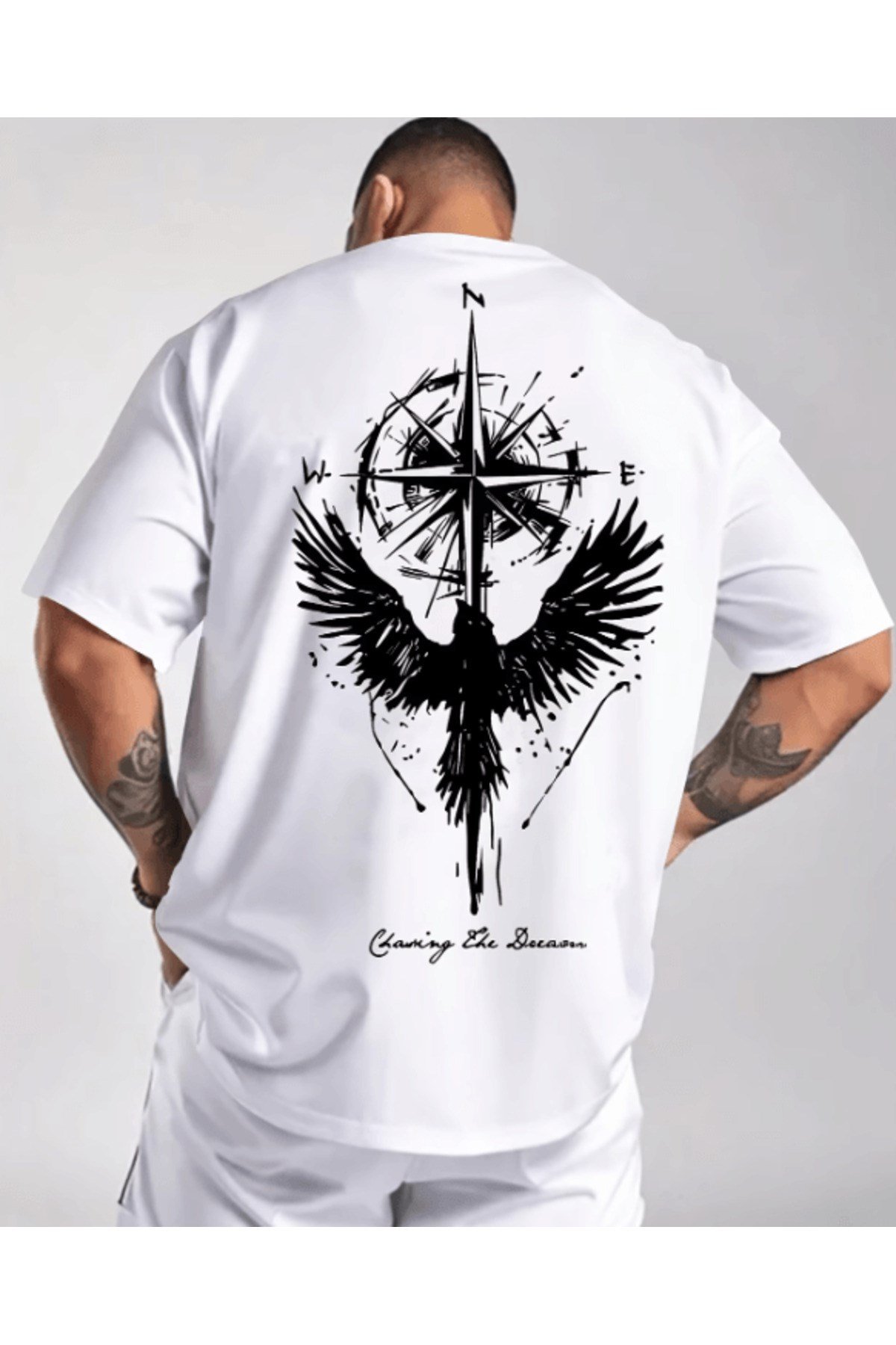 Pusula Ve Kuş Baskılı Premium Oversize T-shirt