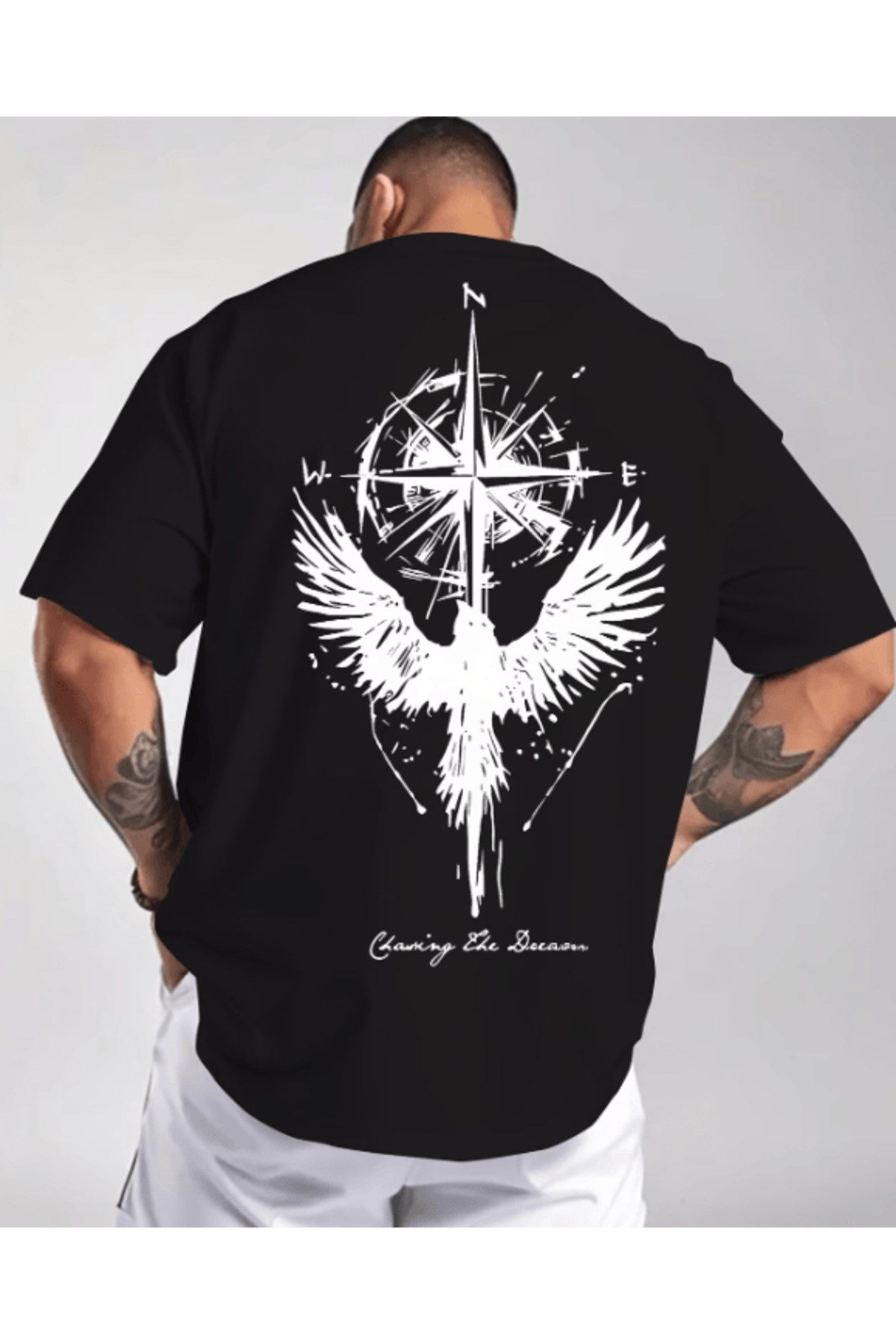 Pusula Ve Kuş Baskılı Premium Oversize T-shirt