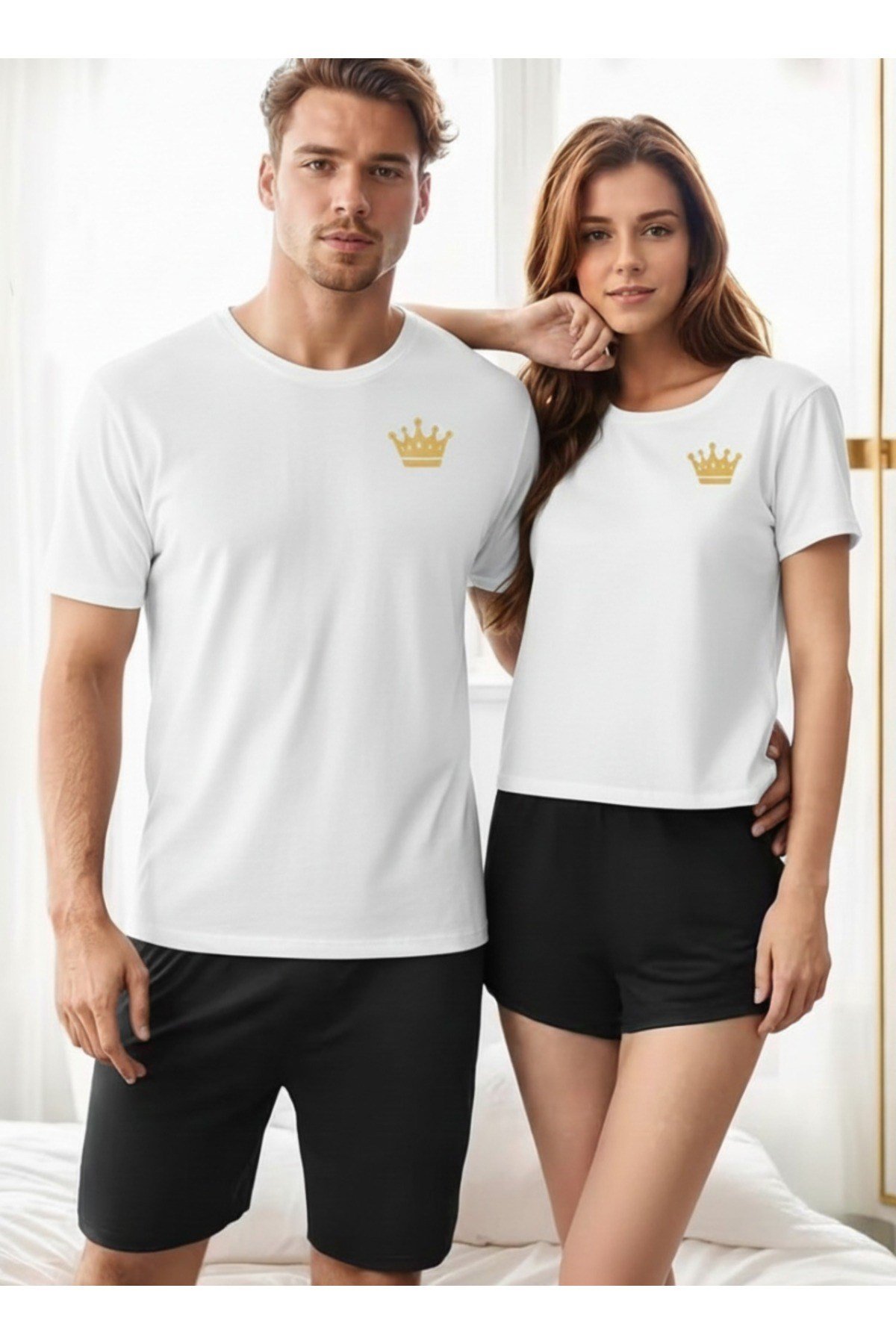 Queen Ve King Yazılı Çift Taraflı Eşleşen Çift Sevgili Kombini Basic Regular T-shirt %100 Pamuk