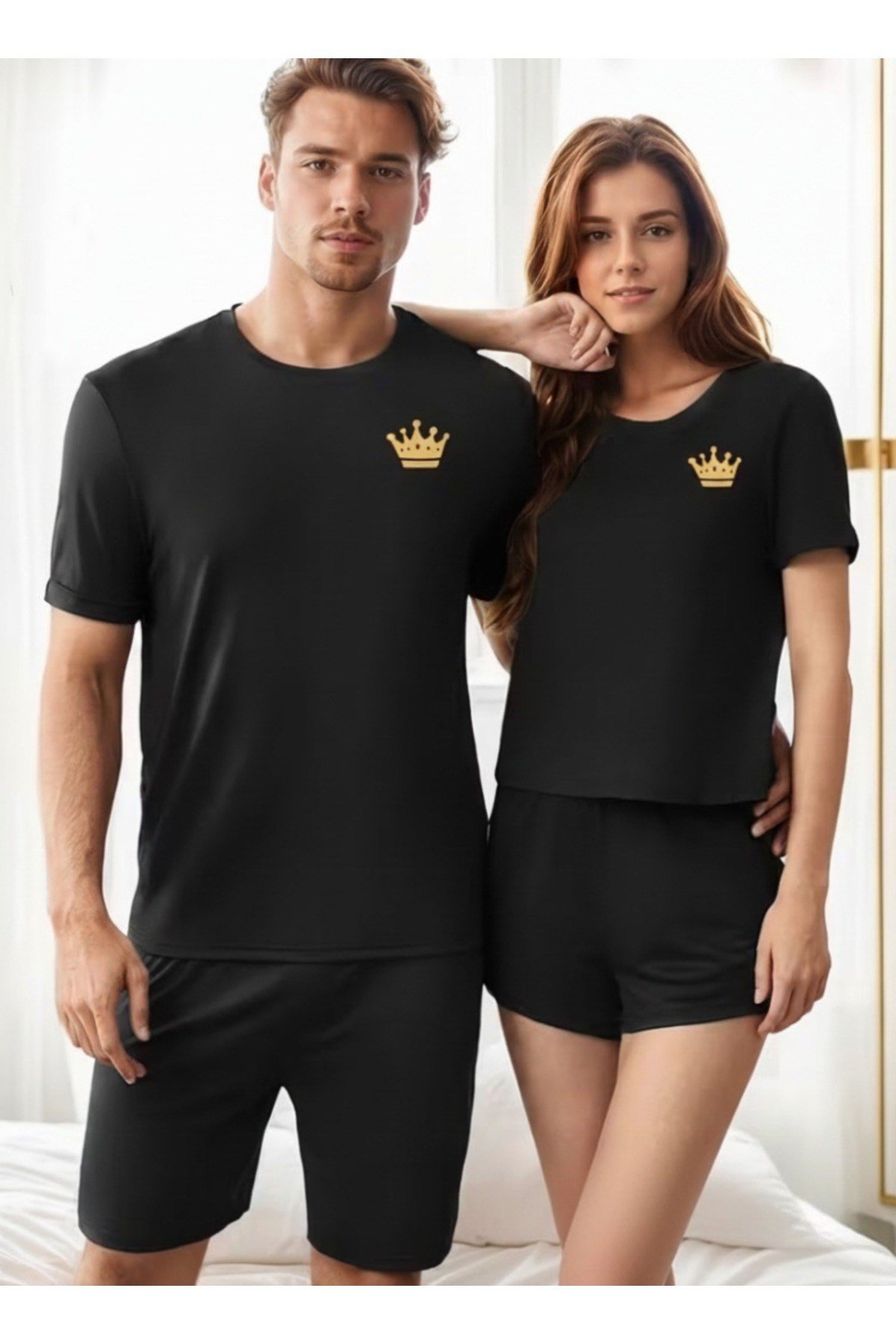 Queen Ve King Yazılı Çift Taraflı Eşleşen Çift Sevgili Kombini Basic Regular T-shirt %100 Pamuk