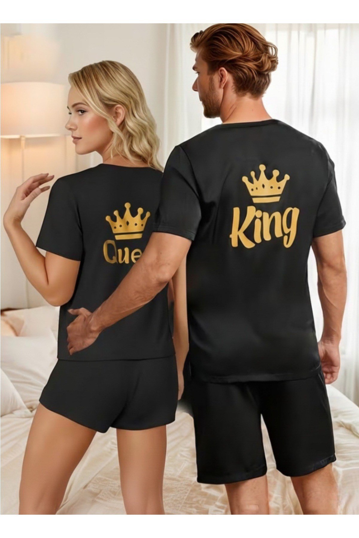Queen Ve King Yazılı Çift Taraflı Eşleşen Çift Sevgili Kombini Basic Regular T-shirt %100 Pamuk