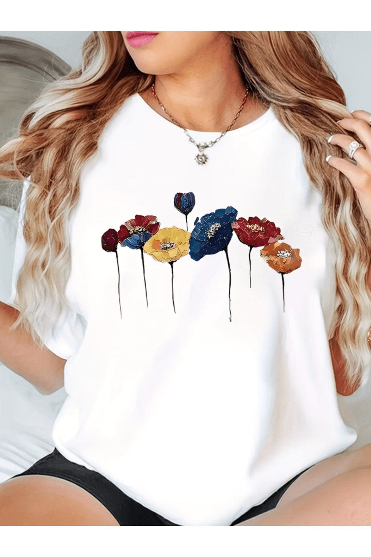 Renkli Çiçek Baskılı Premium Oversize T-shirt