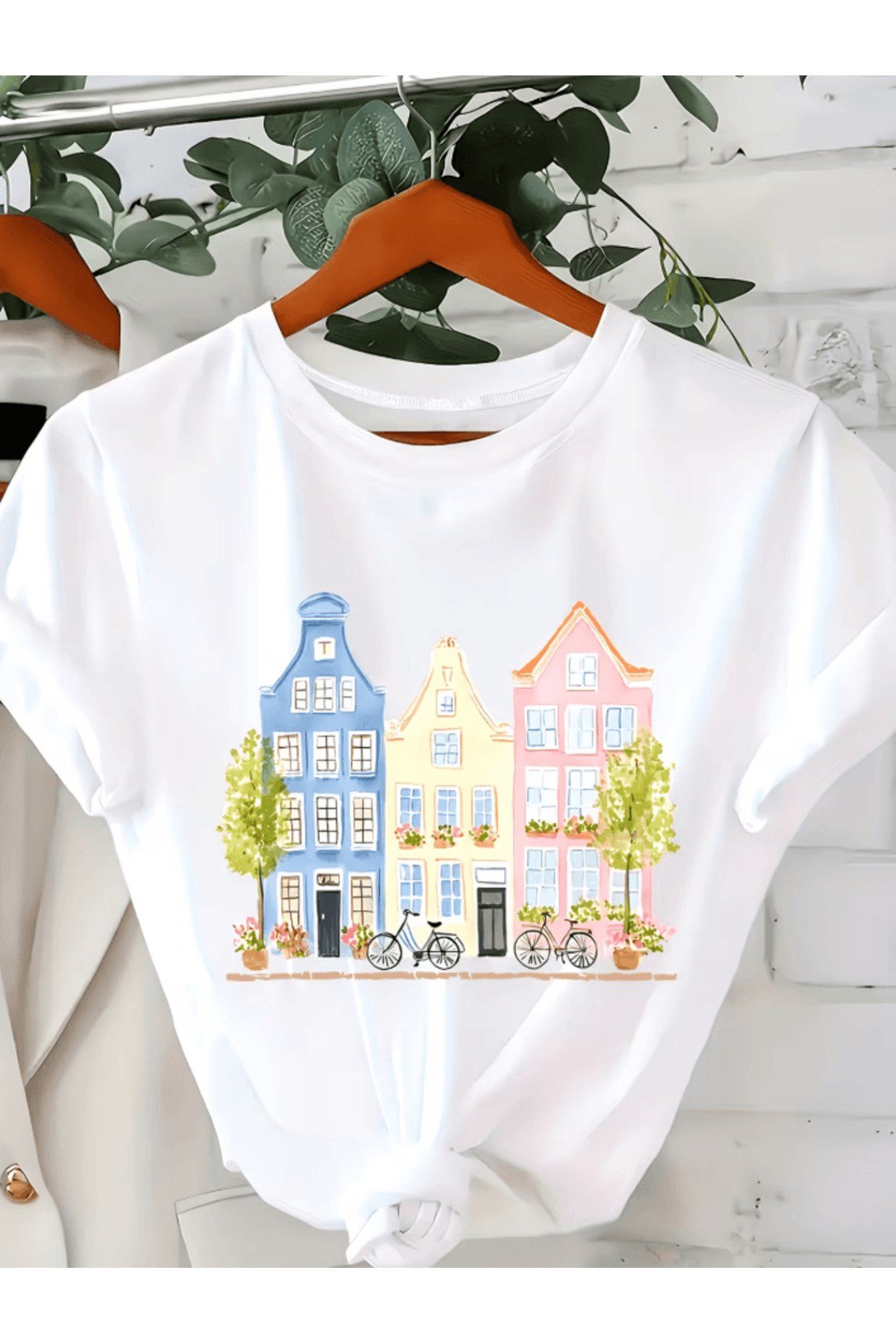 Renkli Evler Baskılı Premium Oversize T-shirt
