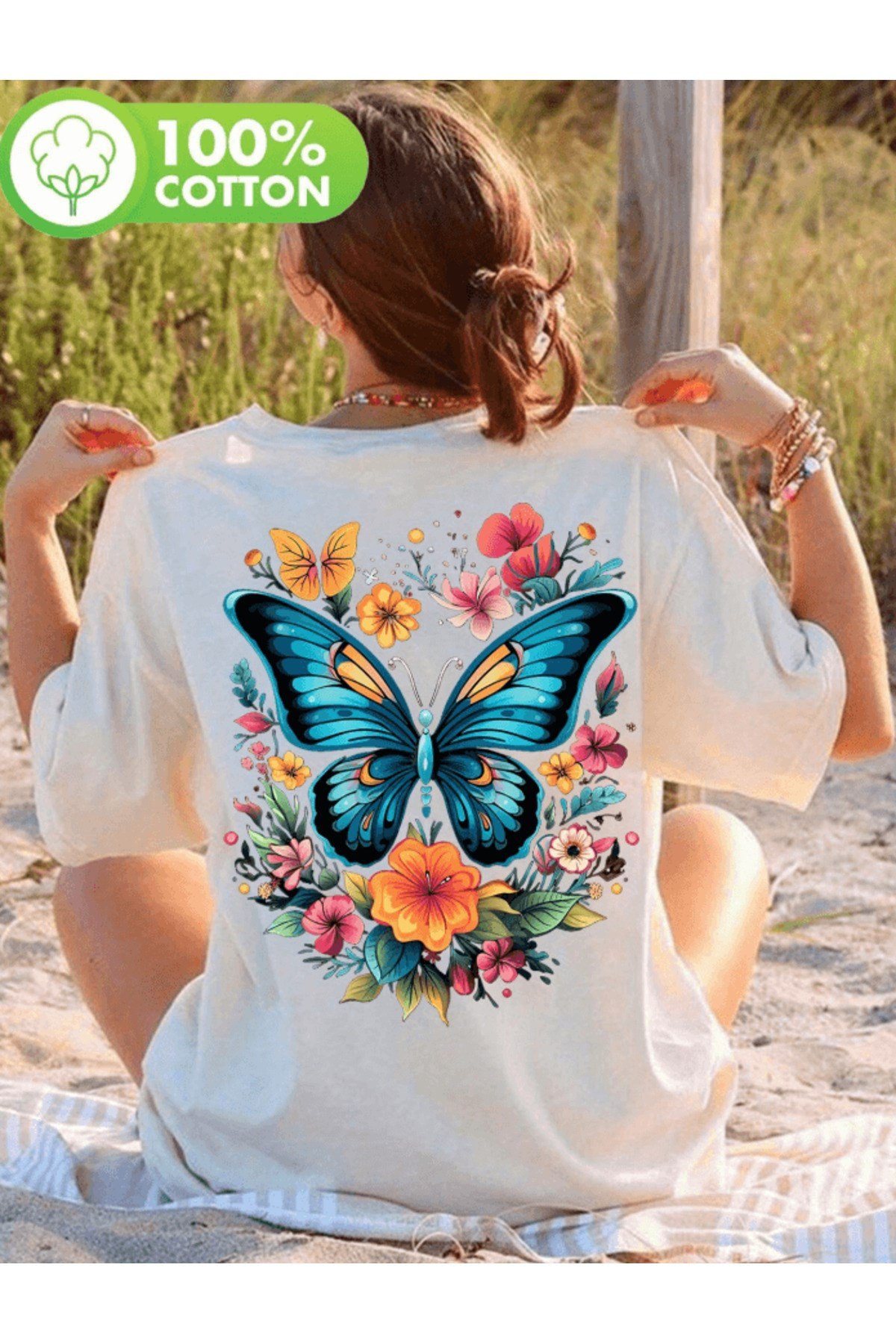 Renkli Kelebek Baskılı Premium Oversize T-shirt
