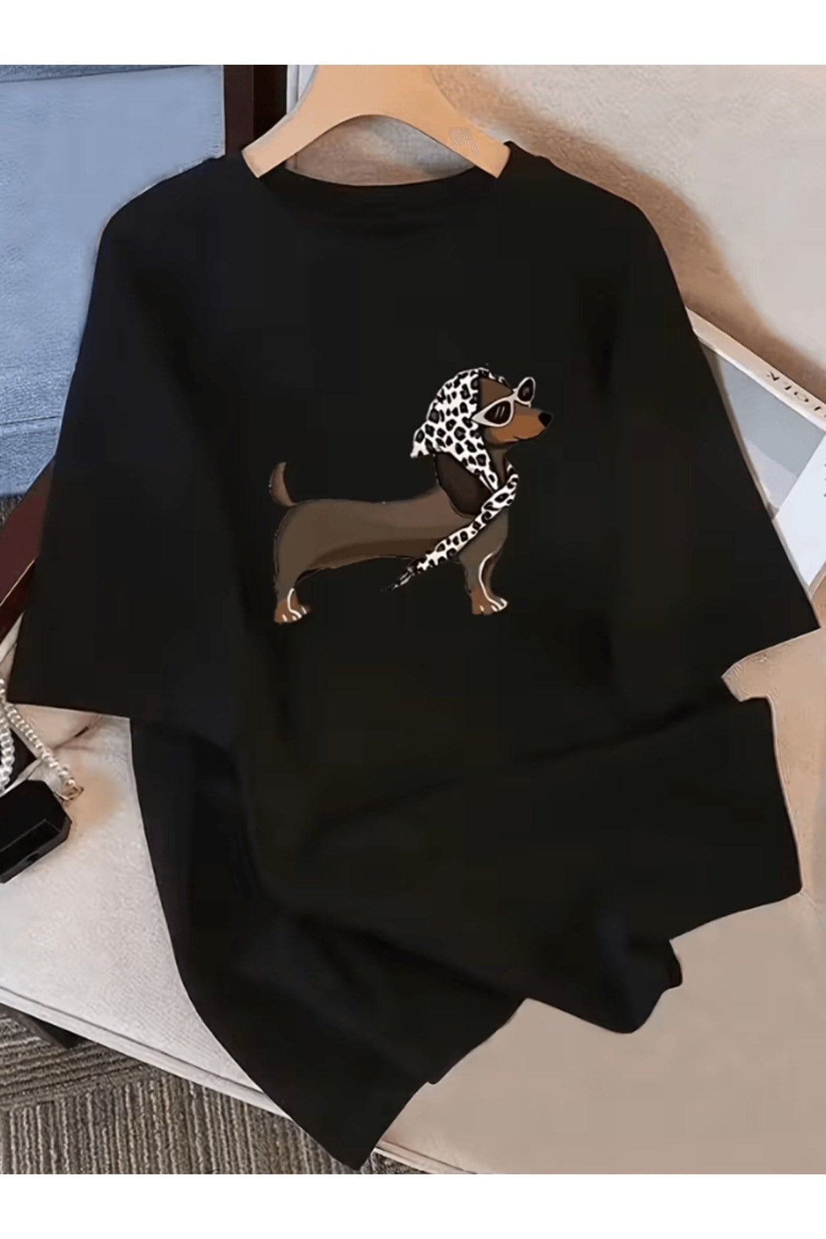 Şapka Takan Köpek Baskılı Premium Oversize T-shirt