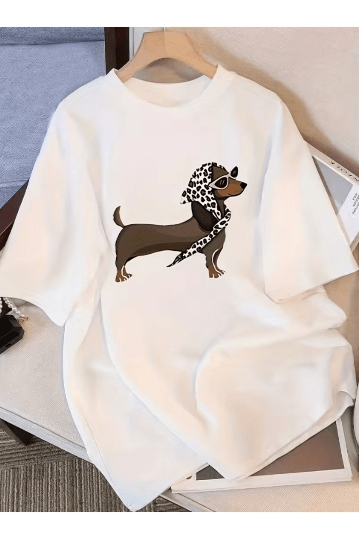 Şapka Takan Köpek Baskılı Premium Oversize T-shirt