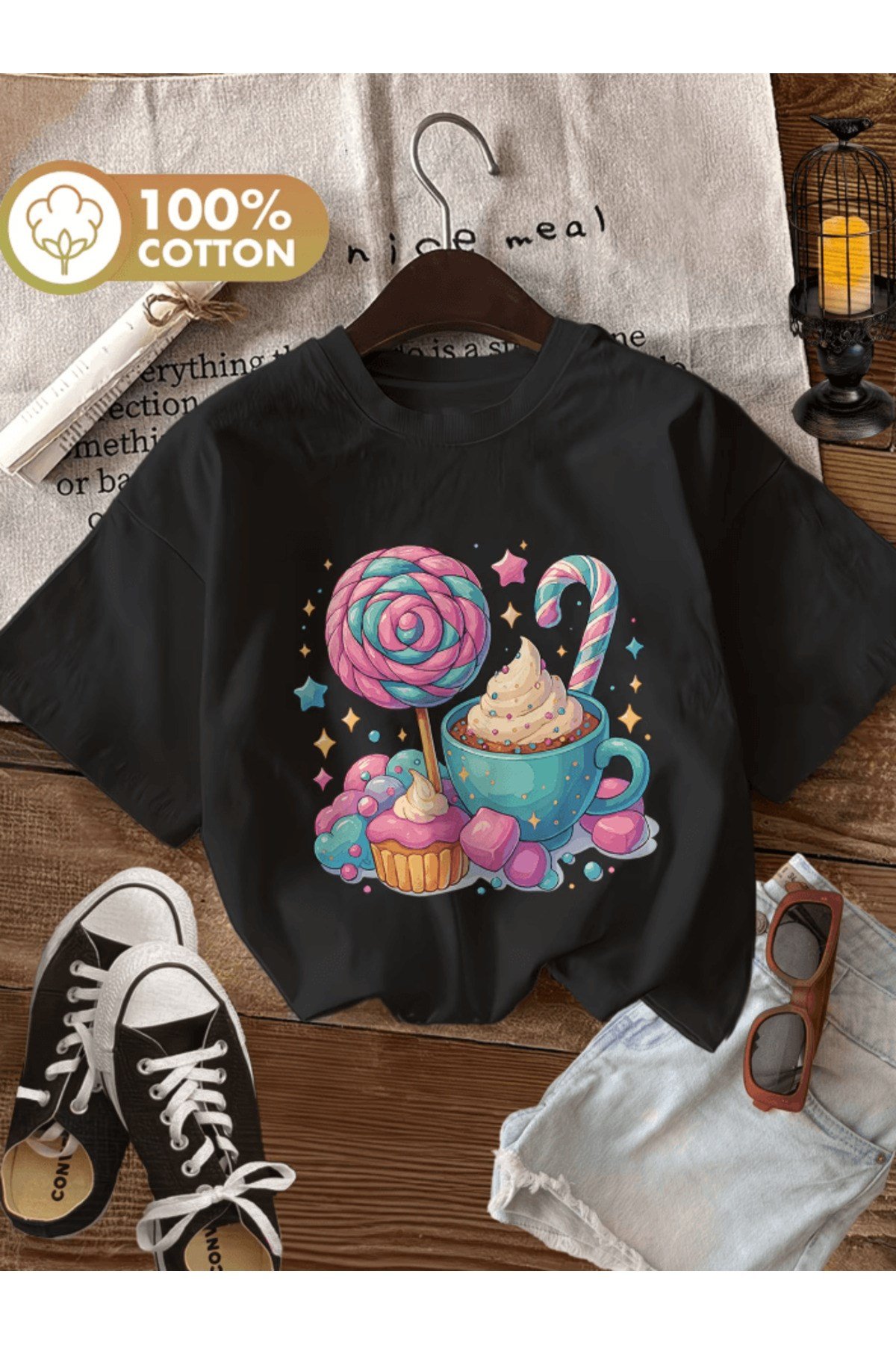 Şekerleme Ve Tatlı Baskılı Premium Oversize T-shirt