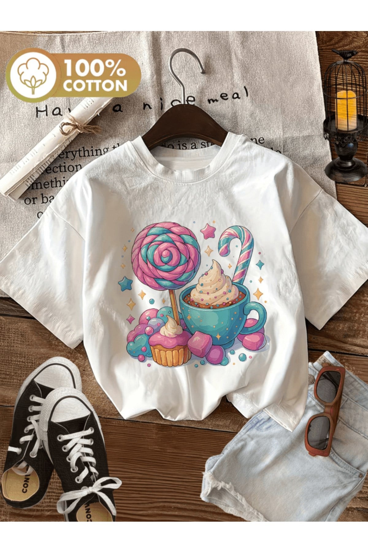 Şekerleme Ve Tatlı Baskılı Premium Oversize T-shirt