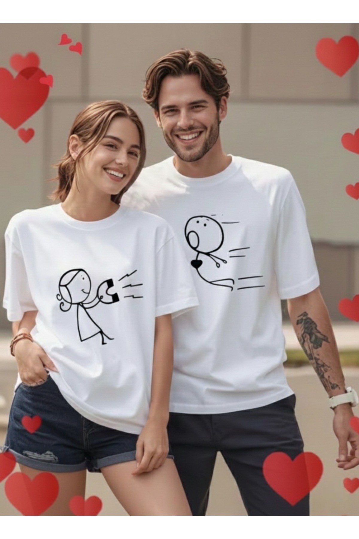 Sevimli Aşkı Çeken Mıknatıs Karakter Tasarımlı Çift Sevgili Kombini Basic Regular 2'Li %100 Pamuk