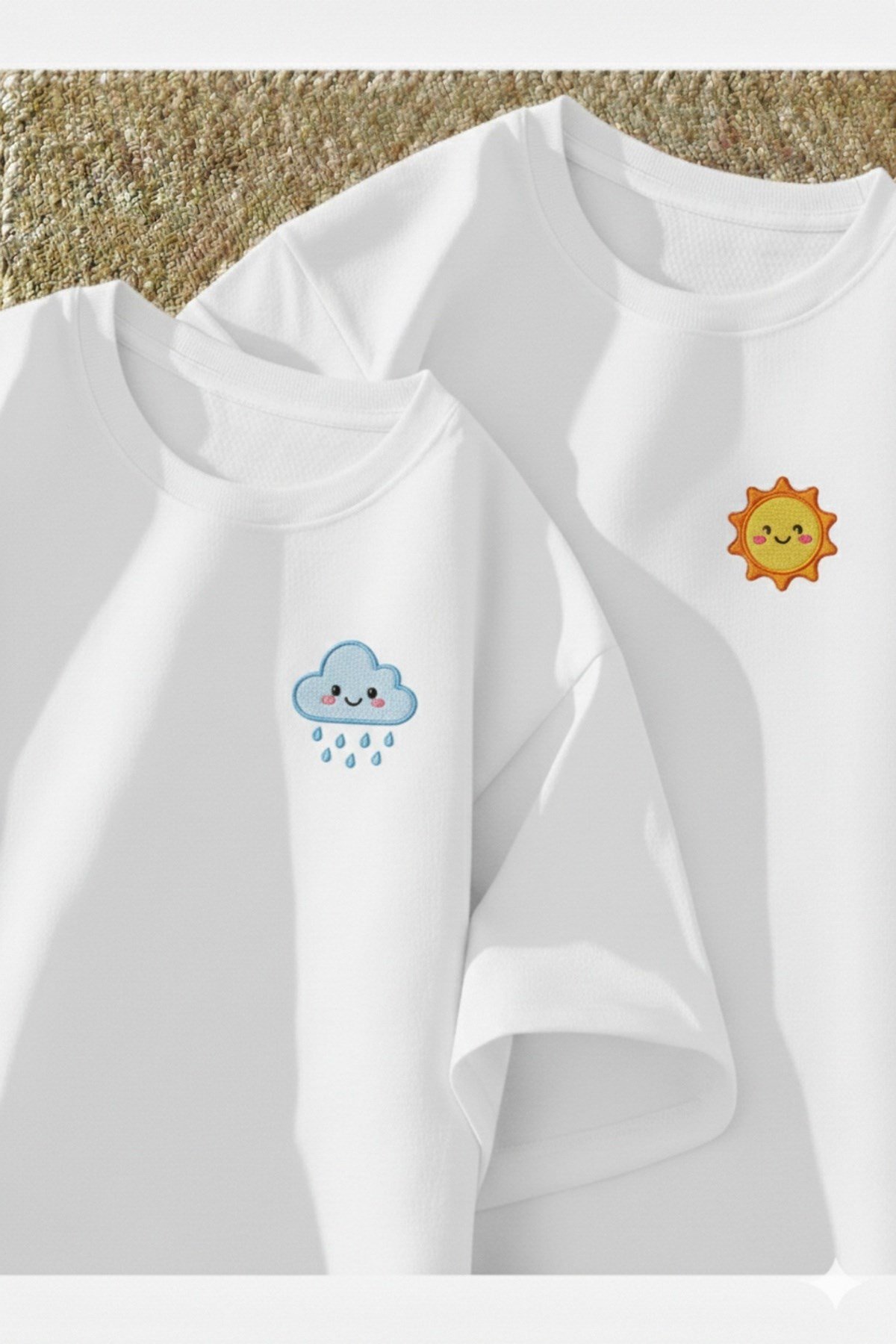 Sevimli Bulut Ve Güneş Baskılı Premium Oversize T-shirt Çift Kombini 2'Li