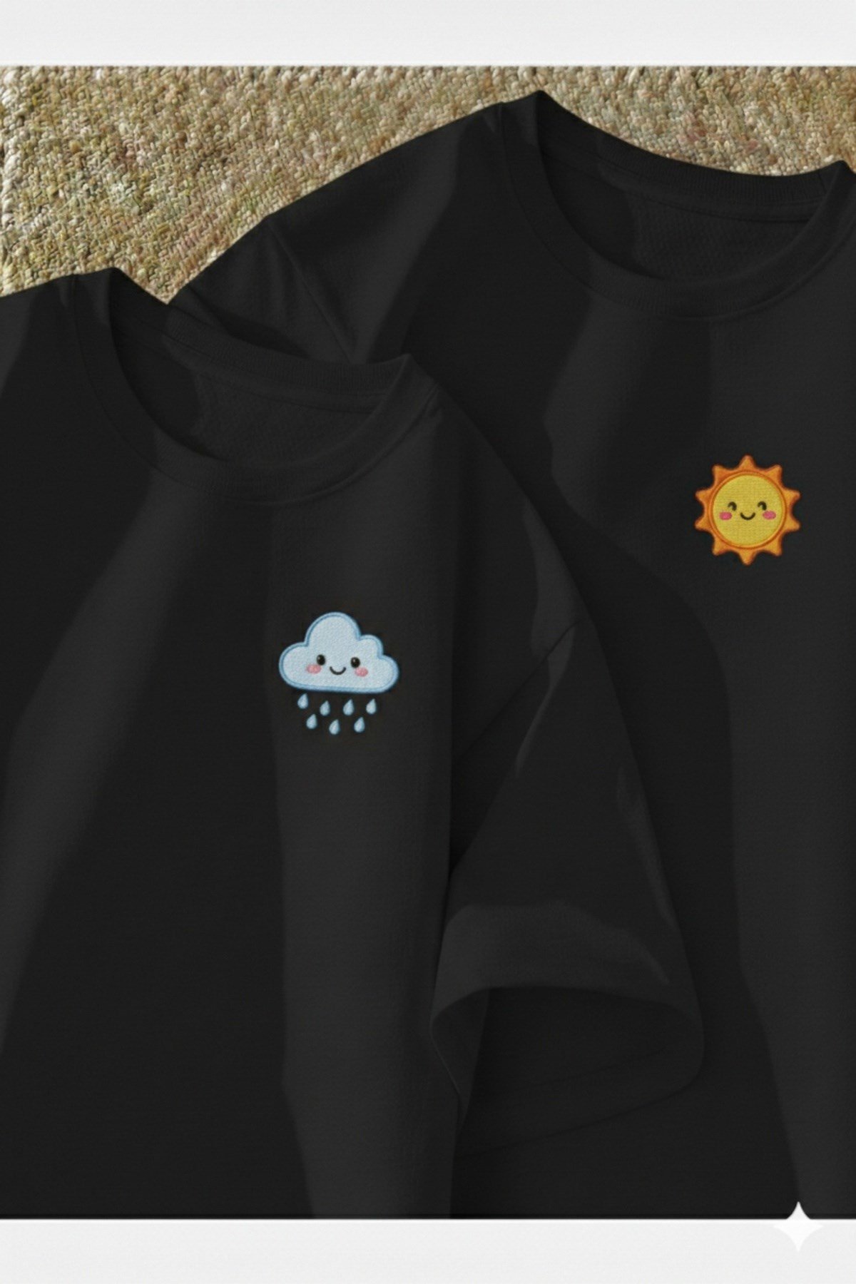 Sevimli Bulut Ve Güneş Baskılı Premium Oversize T-shirt Çift Kombini 2'Li