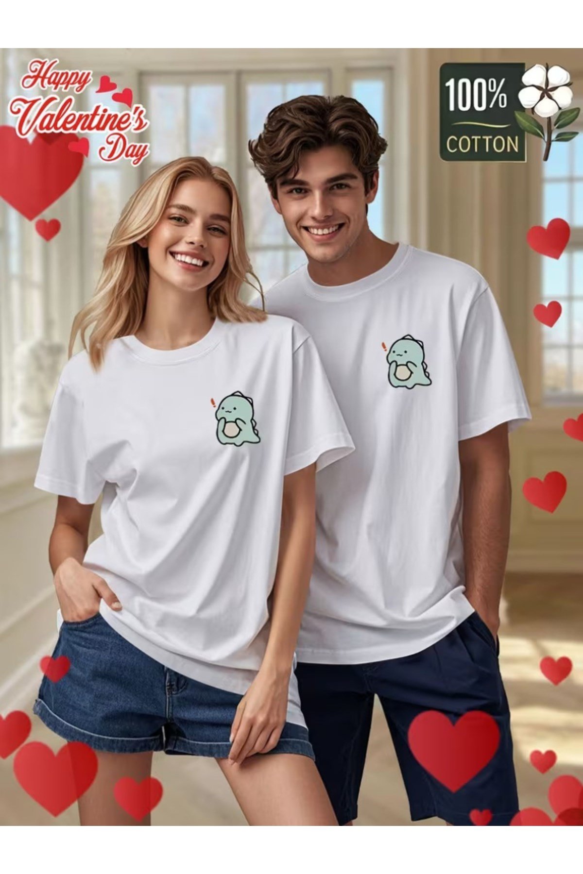 Sevimli Dinozor Baskılı Eşleşen Çift Sevgili Kombini Basic Regular T-shirt 2'Li %100 Pamuk