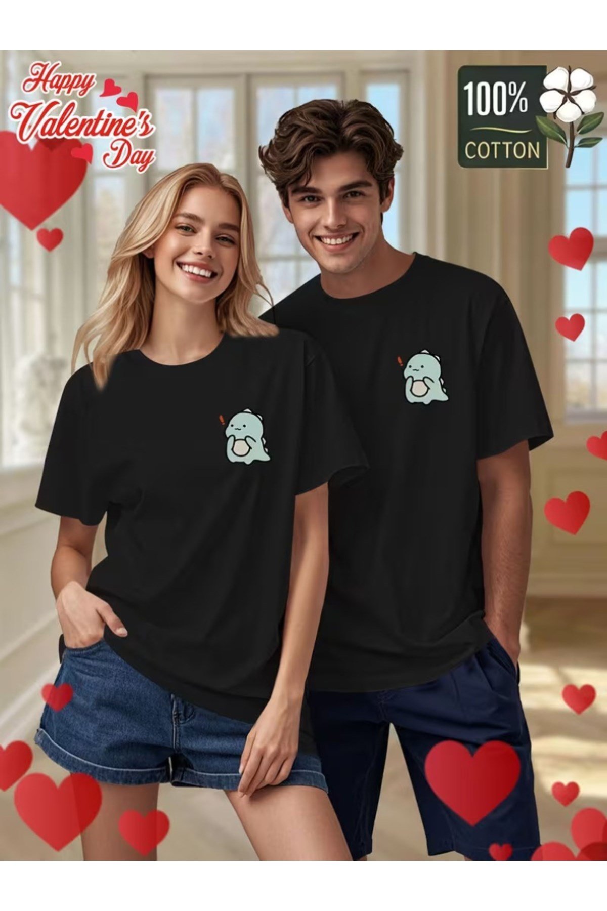 Sevimli Dinozor Baskılı Eşleşen Çift Sevgili Kombini Basic Regular T-shirt 2'Li %100 Pamuk