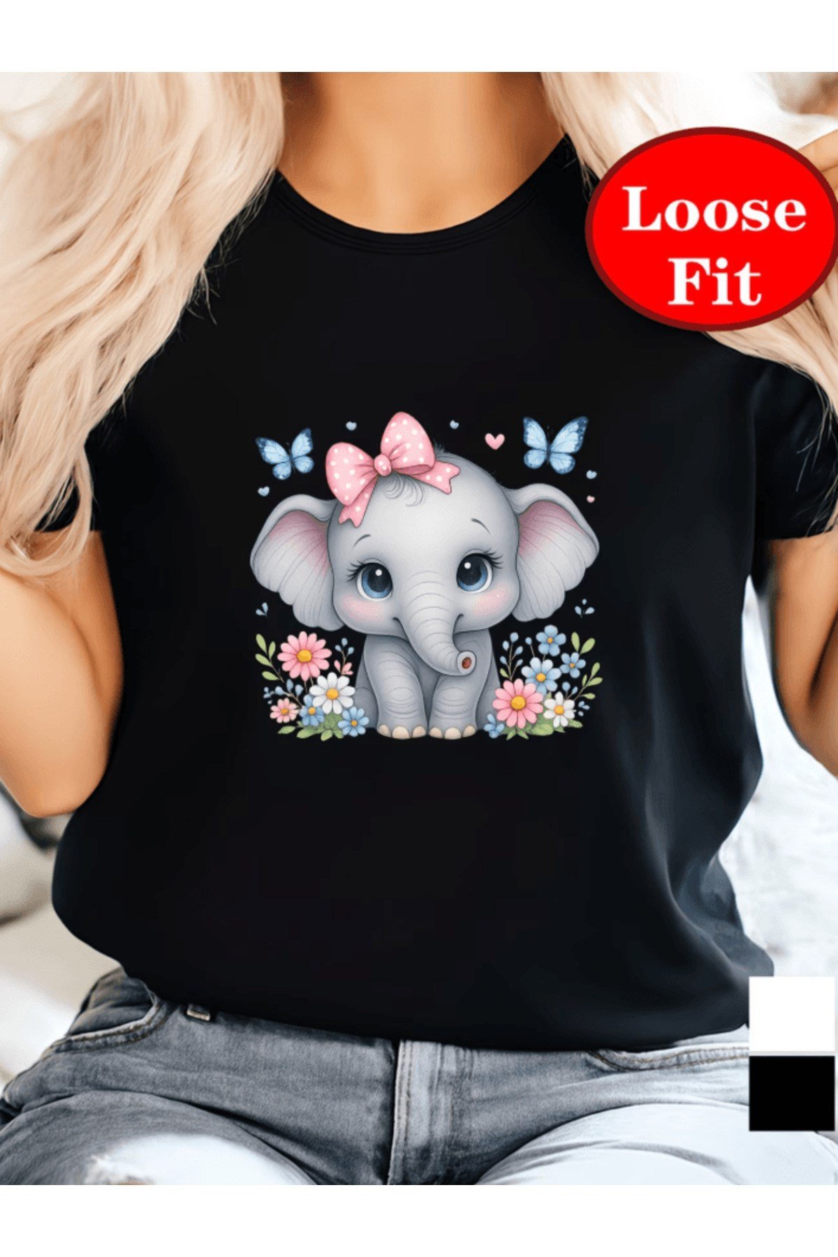 Sevimli Fil Baskılı Premium Oversize T-shirt
