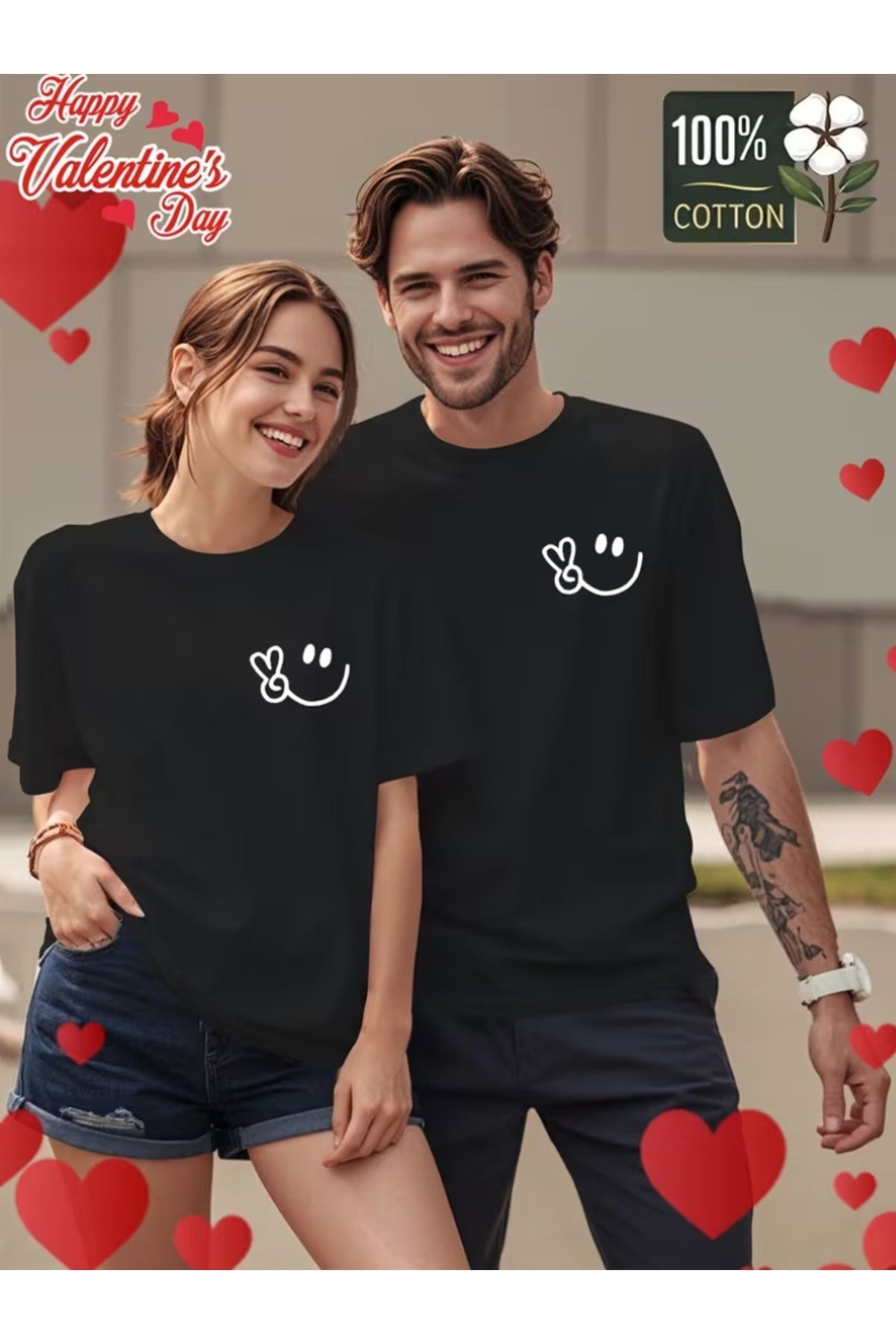 Sevimli Gülen Yüz Baskılı Eşleşen Çift Sevgili Kombini Basic Regular T-shirt 2'Li %100 Pamuk