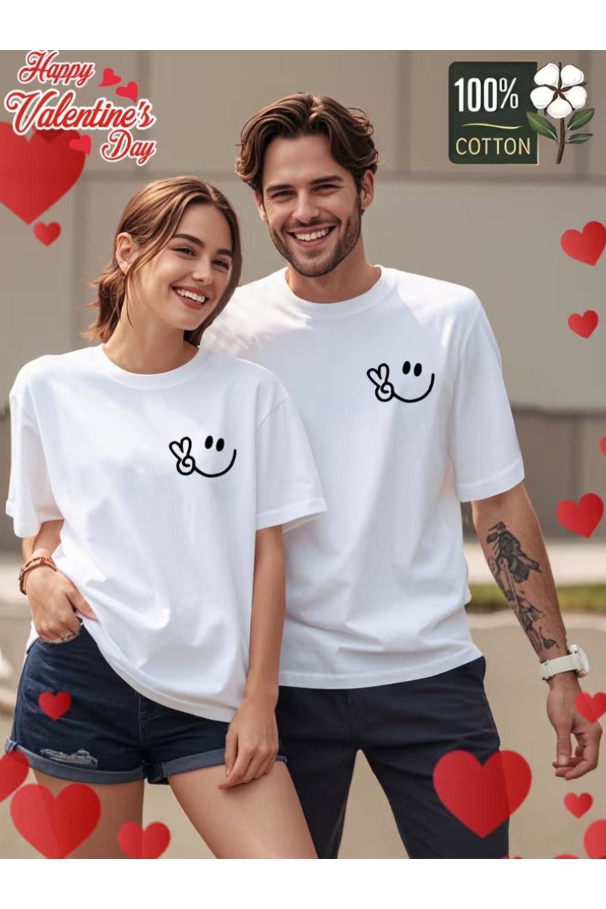 Sevimli Gülen Yüz Baskılı Eşleşen Çift Sevgili Kombini Basic Regular T-shirt 2'Li %100 Pamuk