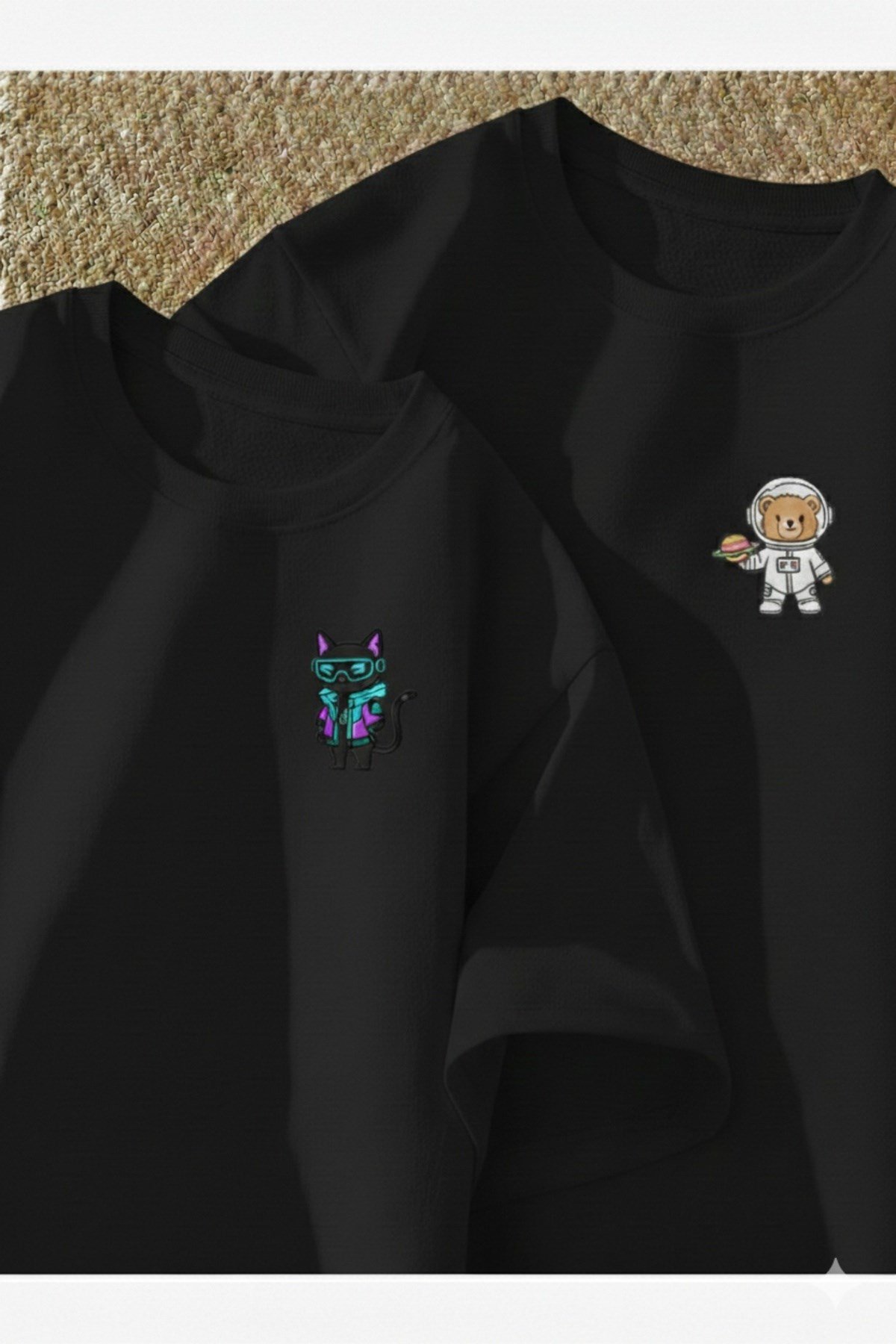 Sevimli Kedi Baskılı Premium Oversize T-shirt Çift Kombini 2'Li