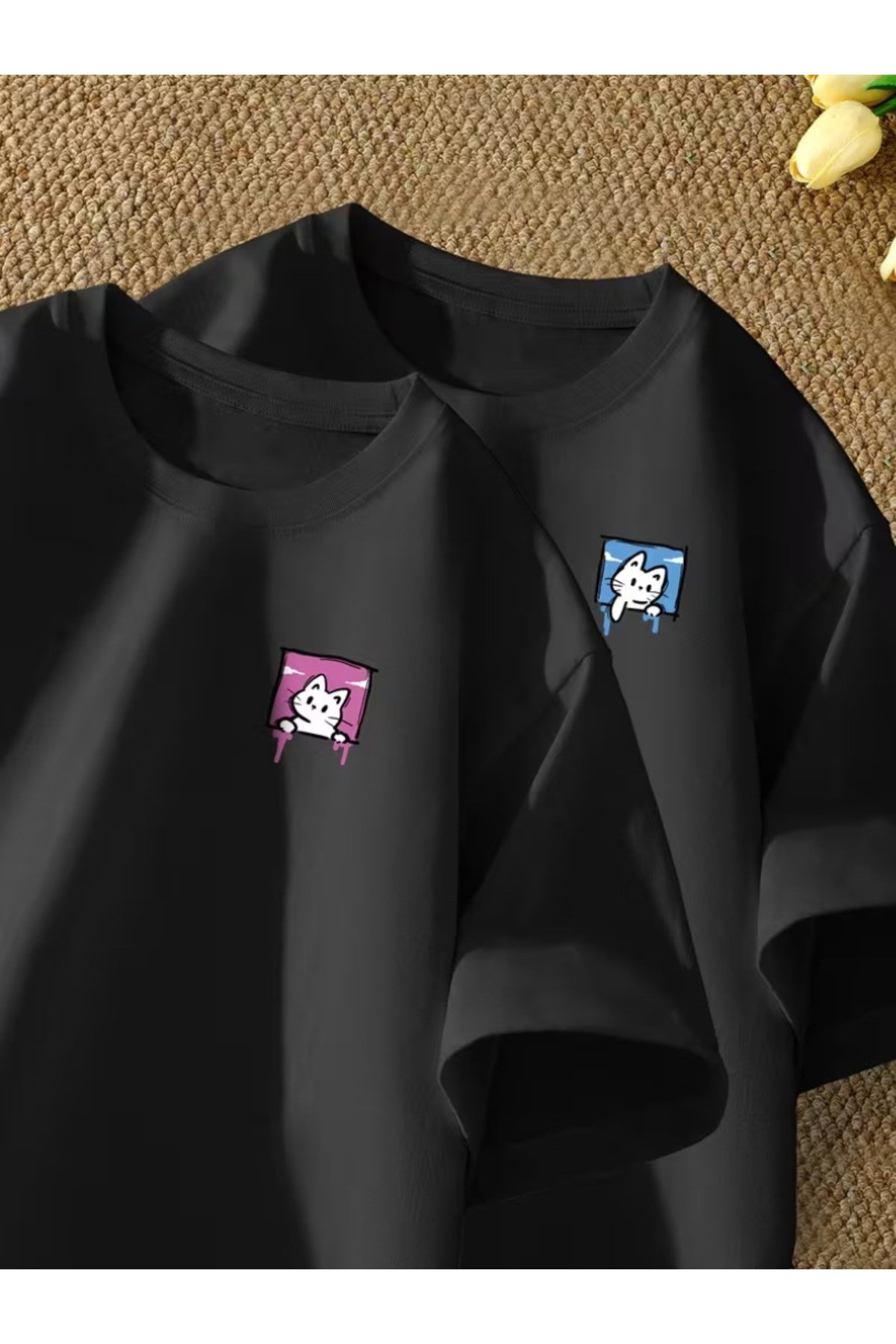 Sevimli Kedi Tasarım Çift Sevgili Kombini Basic Regular T-shirt 2'Li %100 Pamuk