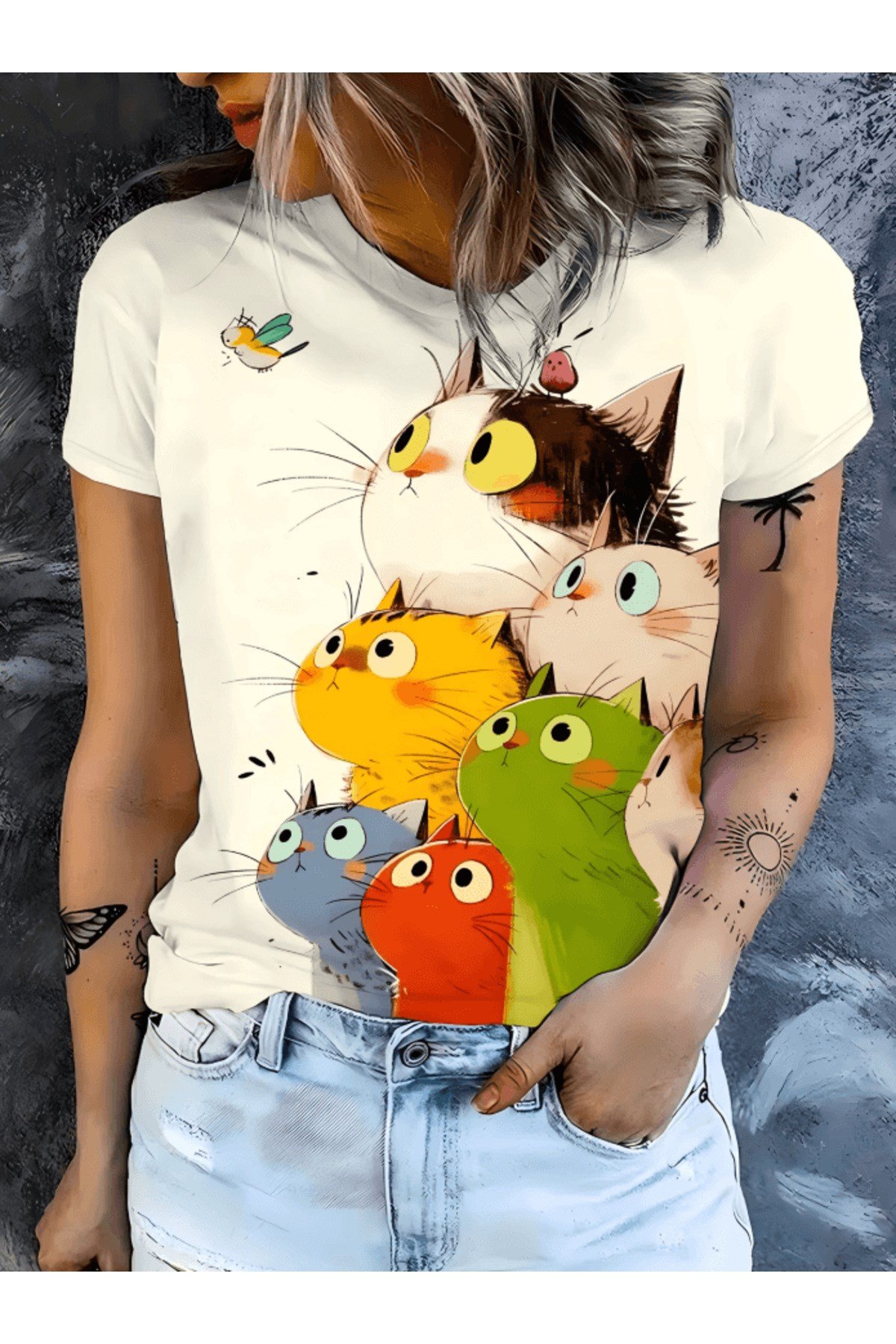 Sevimli Meraklı Kedi Baskılı Premium Oversize T-shirt
