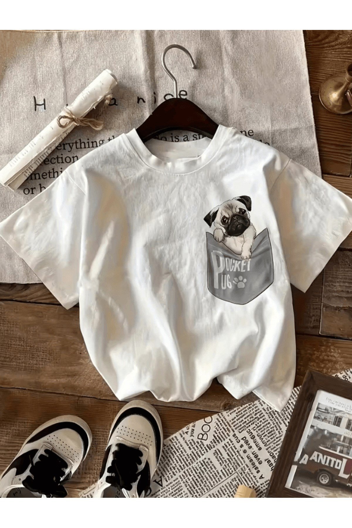 Sevimli Mini Cep Köpek Tasarım Baskılı Premium Oversize T-shirt