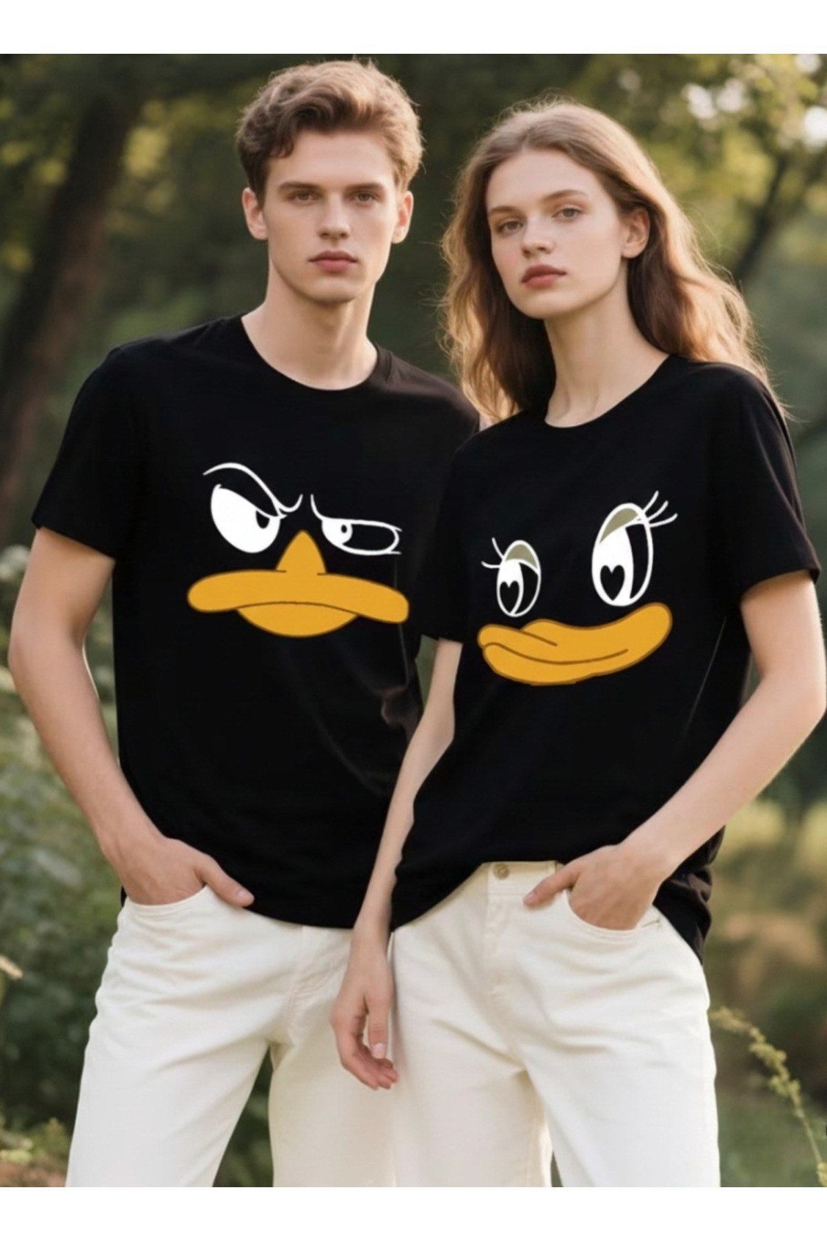Sevimli Özel Karakter Yüz Tasarımlı Eşleşen Çift Kombini T-shirt 2'Li %100 Pamuk