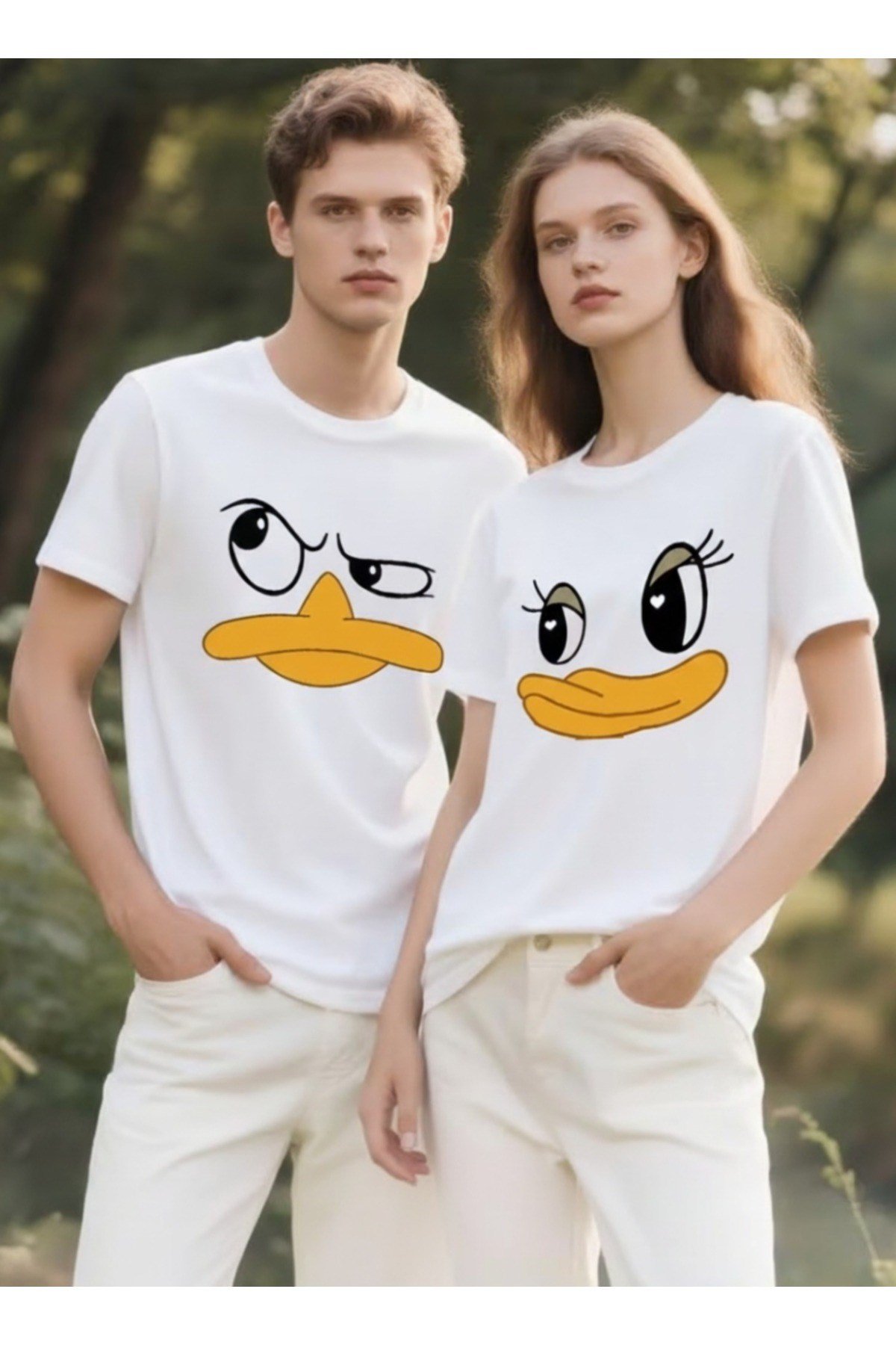 Sevimli Özel Karakter Yüz Tasarımlı Eşleşen Çift Kombini T-shirt 2'Li %100 Pamuk