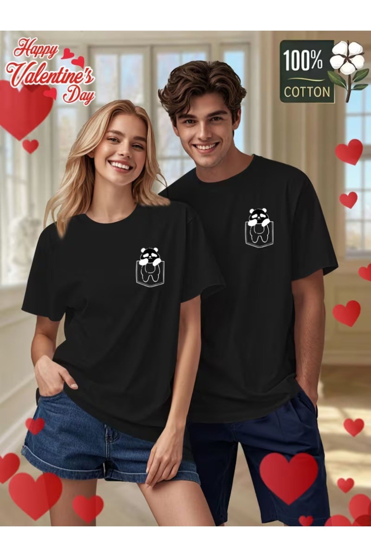 Sevimli Panda Tasarım Cep Detay Eşleşen Çift Sevgili Kombini Basic Regular T-shirt 2'Li %100 Pamuk