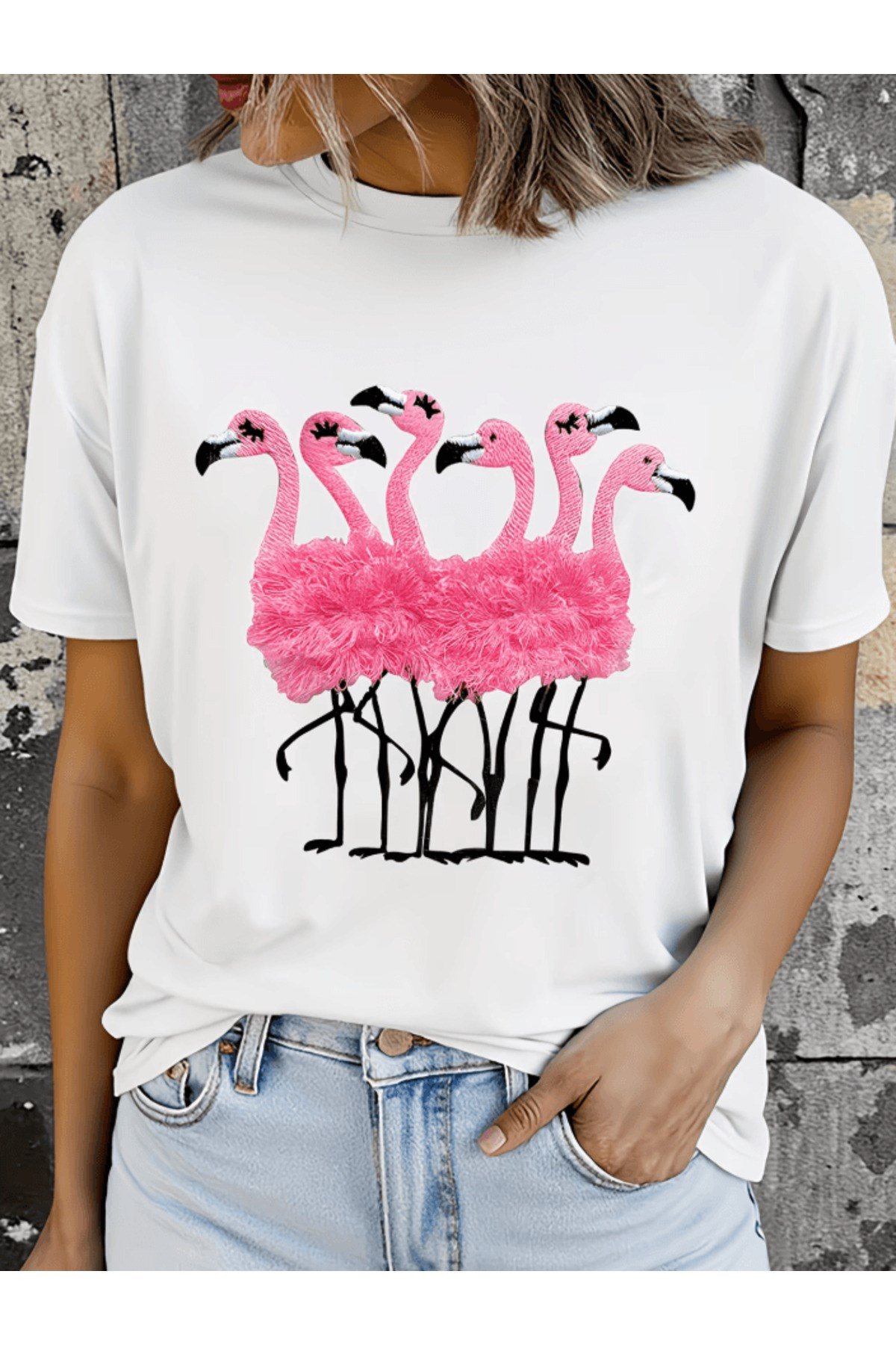 Sevimli Pembe Renk Flamingolar Baskılı Premium Oversize T-shirt