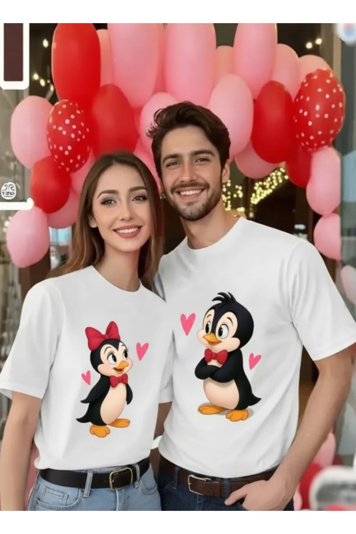Sevimli Penguen Tasarımlı Eşleşen Çift Sevgili Kombini Regular T-shirt 2'Li %100 Pamuk