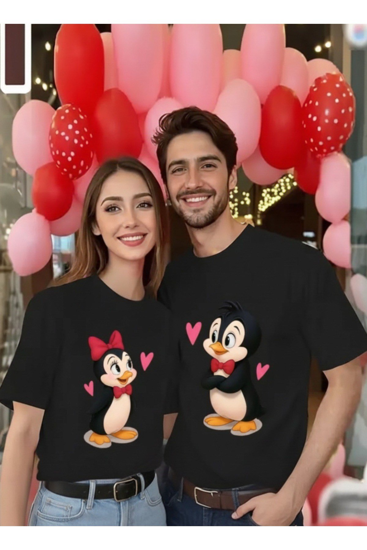 Sevimli Penguen Tasarımlı Eşleşen Çift Sevgili Kombini Regular T-shirt 2'Li %100 Pamuk